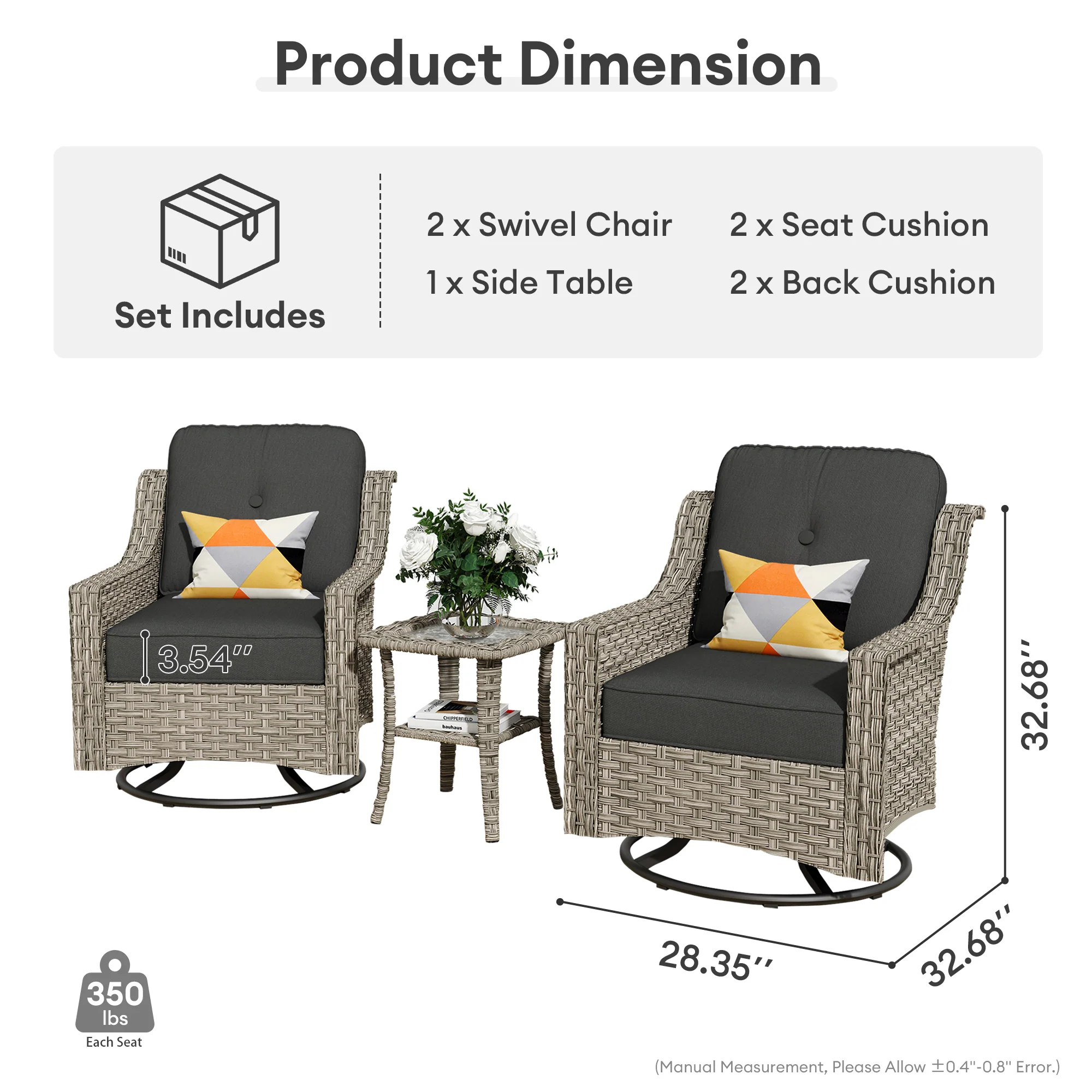 Ovios Conversation Set 3-Piece PAD Series,Swivel Chair