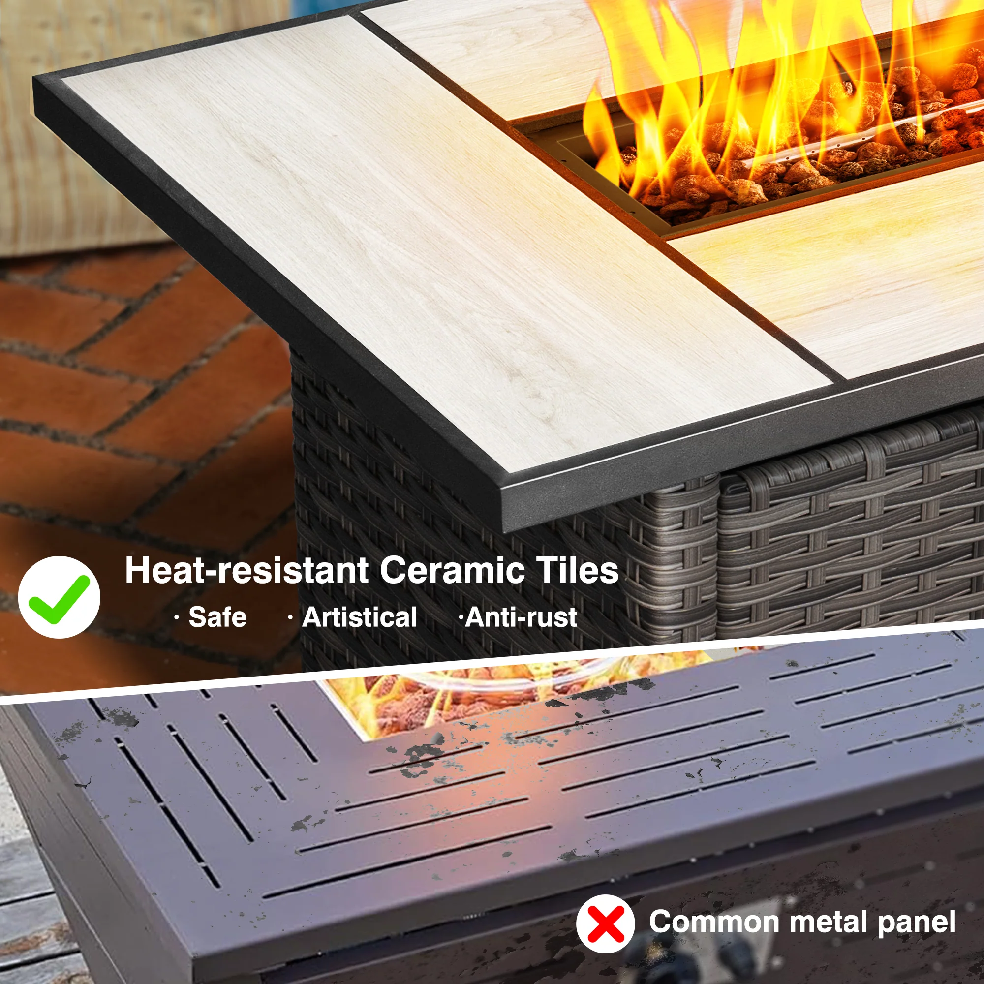 Ovios Patio 7-Piece Conversation Set with 42'' Rectangle Propane Fire Pit Table and Rocking Chairs Kenard