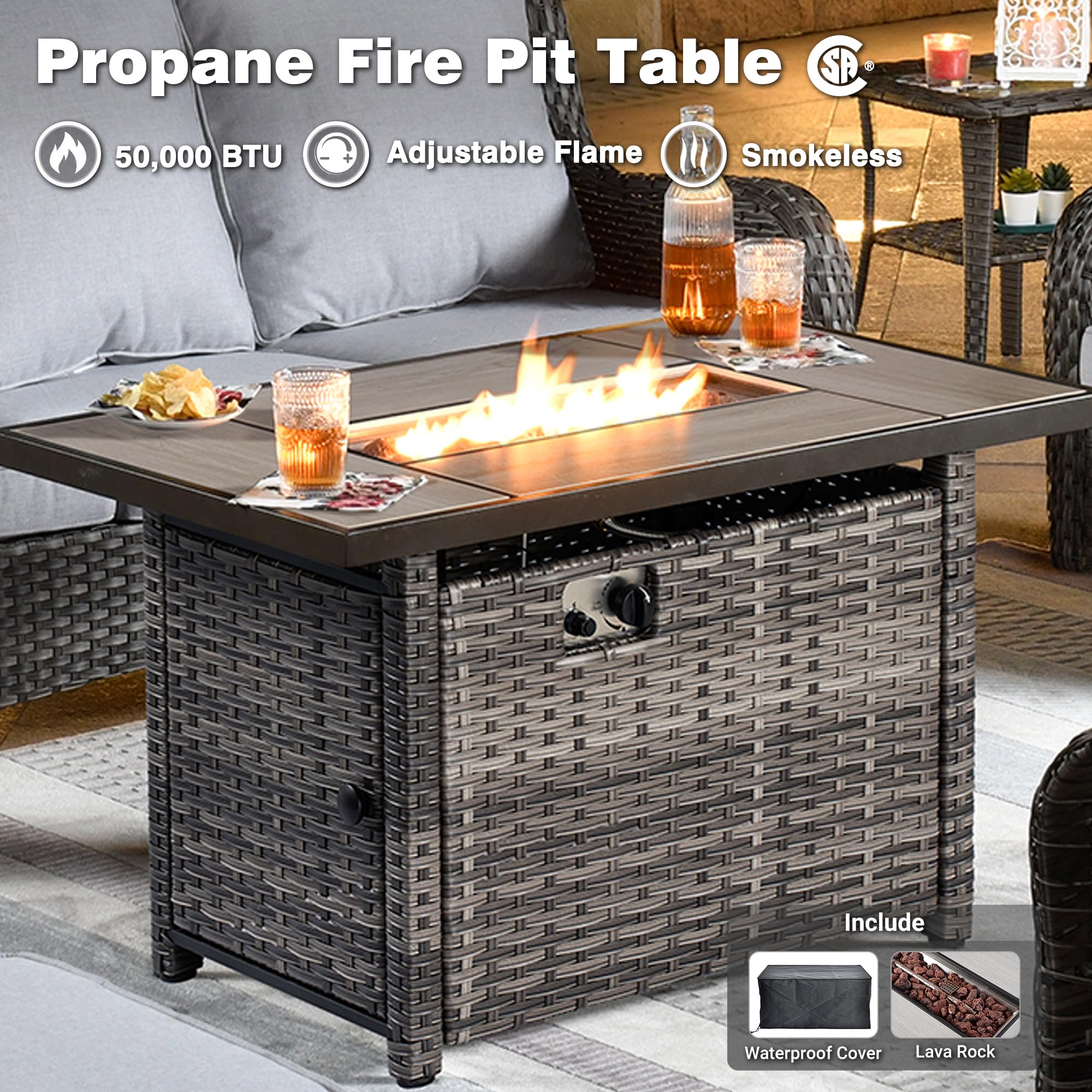 Ovios Patio 6-Piece Conversation Set with 42'' Rectangle Propane Fire Pit Table Kenard