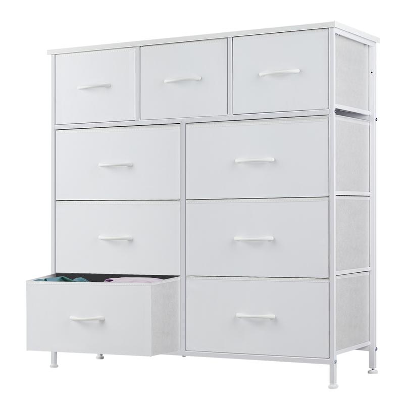 Fabric Storage Tower with 9 Drawers, Bedroom Drawer Dresser Organizer, Chest of Drawers with Fabric Bins, Steel Frame and Wood Top