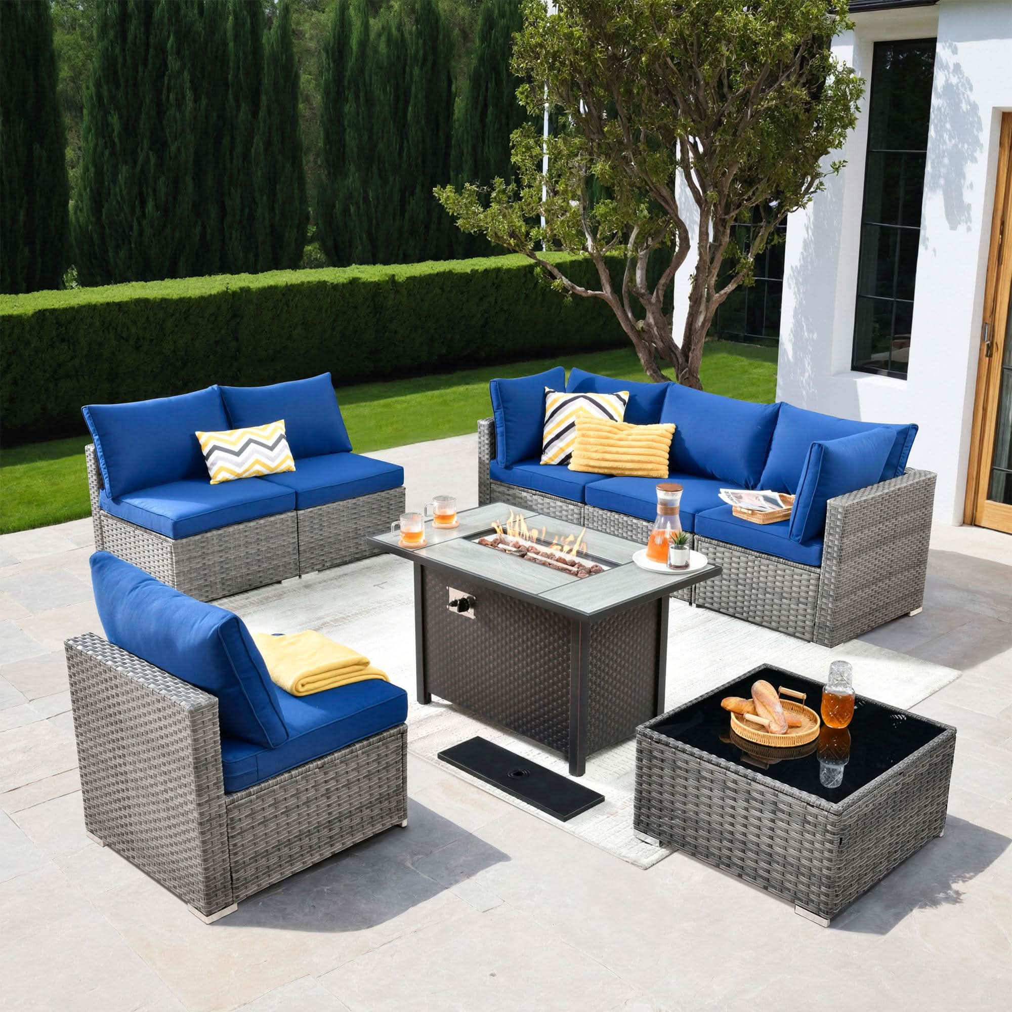 Ovios Outdoor 8 Piece Patio Furniture Set with Fire Pit Table,Conversation Sectional Wicker Couch with Coffee Table