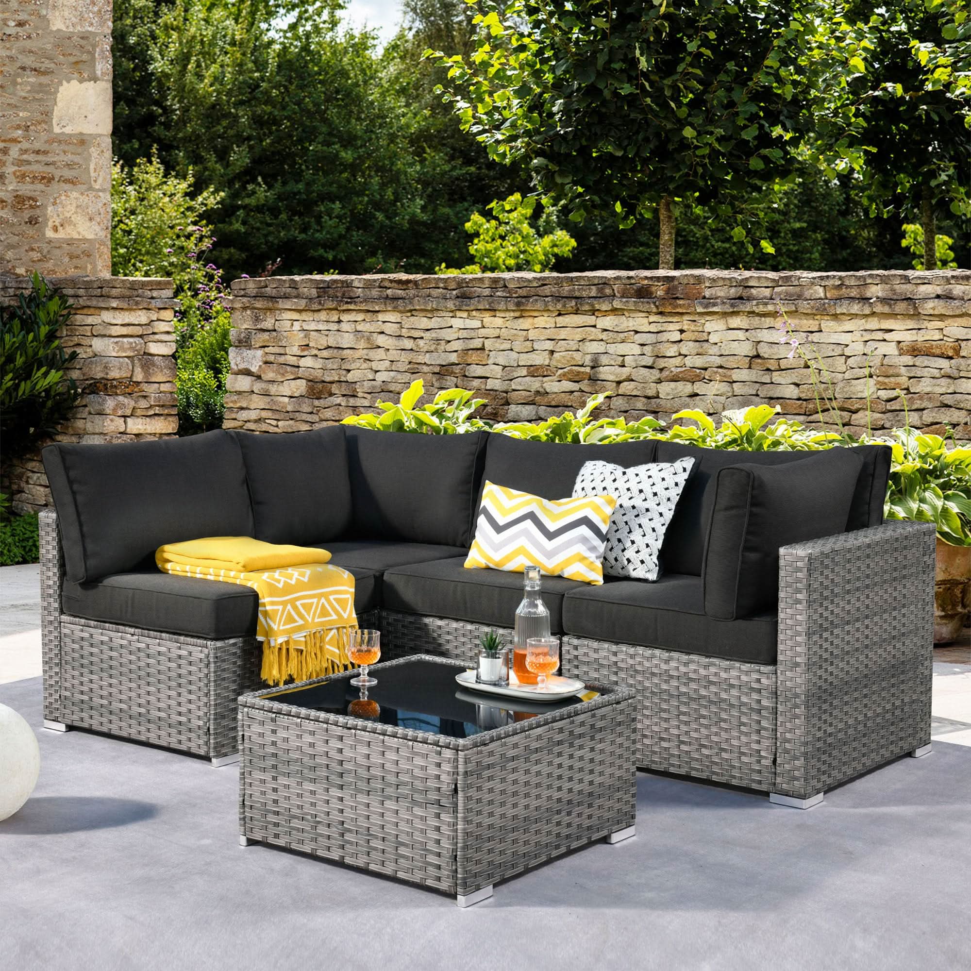 Ovios Outdoor 5 Piece Coversation Set with Coffee Table,Sectional Patio Furniture Set with All-Weather Wicker Sofa
