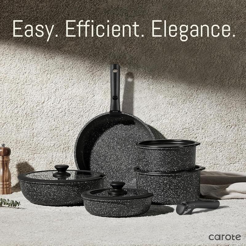 CAROTE 18pcs Detachable Handle Nonstick Cookware Set, Blue/Green/Black/Taupe/White, Pots and Pans, Oven safe Frying Pan, Dishwasher Safe