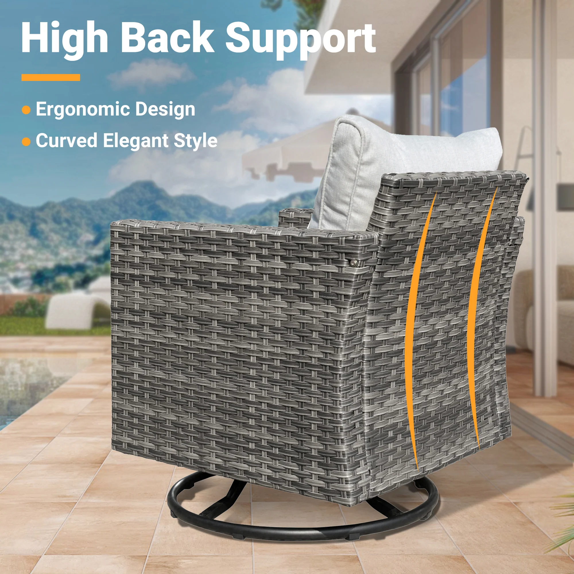 Ovios Patio Vultros 7-Piece Set With Swivel Chair and Rectangle 42'' Propane Fire Pit Table