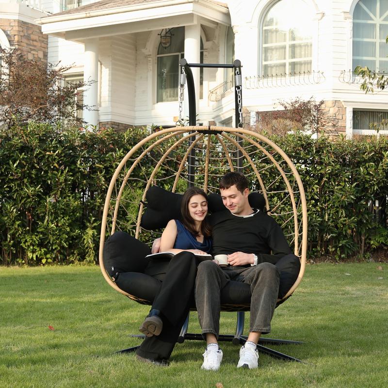 RIWENGO Double Hanging Egg Chair with Weather-Resistant Cushion, 700lbs Capacity - Foldable Patio Swing Chair with Handwoven PE Wicker & Rust-Proof Frame, for Garden, Porch, Backyard