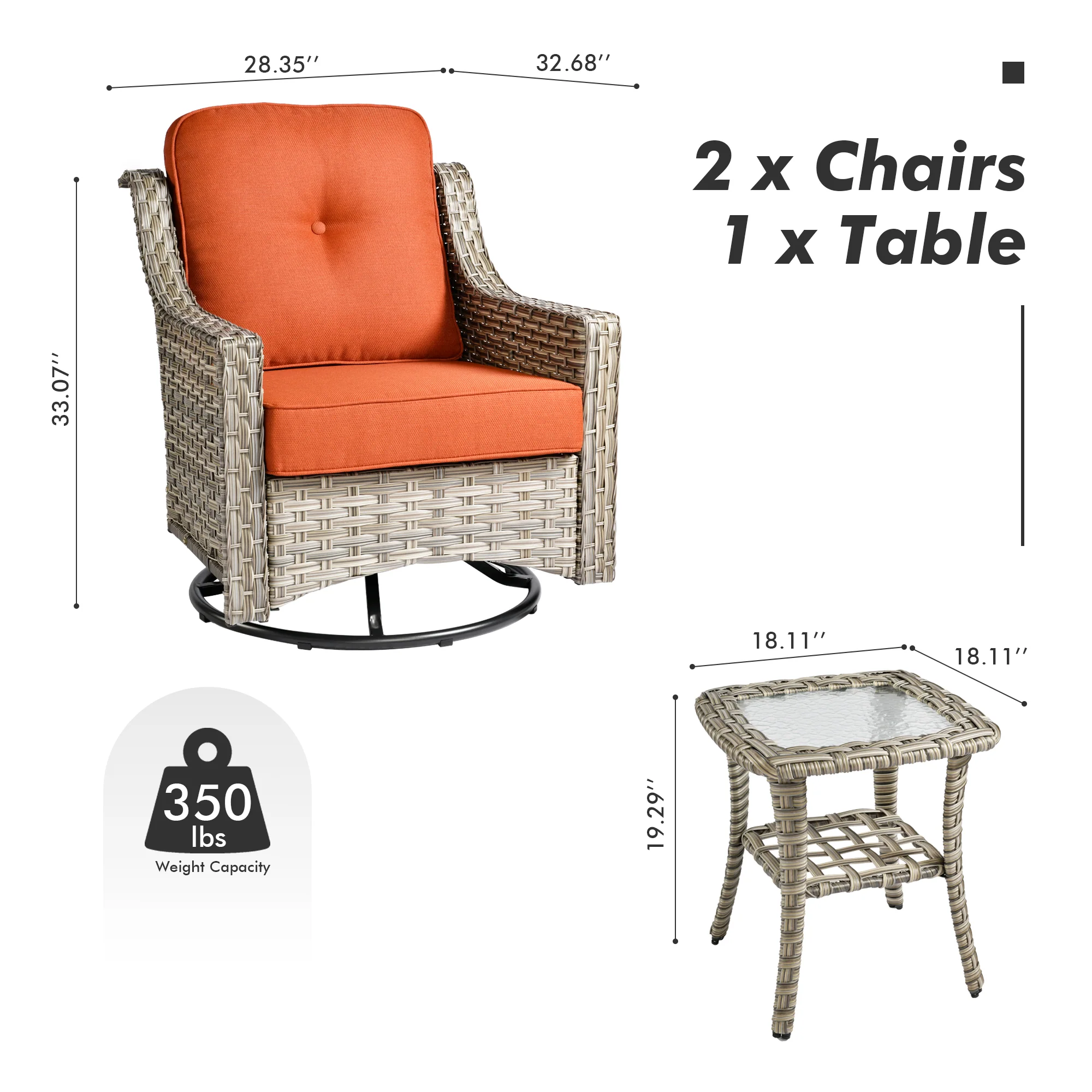 Ovios Conversation Set 3-Piece PAD Series,Swivel Chair