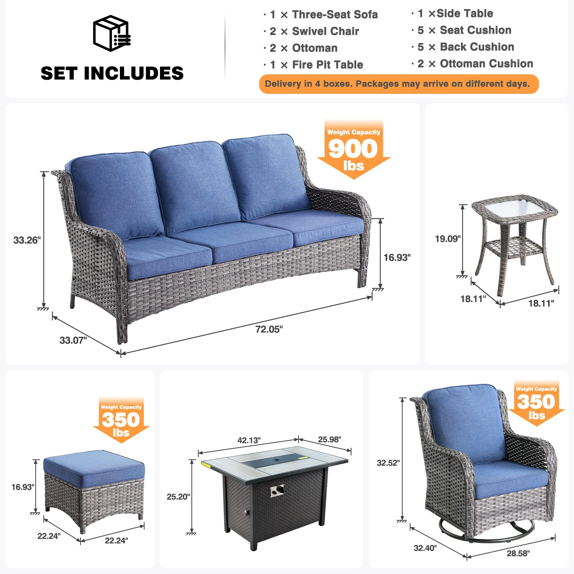 Ovios Outdoor Furniture 7-Piece with 42'' Fire Pit Table and Kenard 2 Rocking Chairs