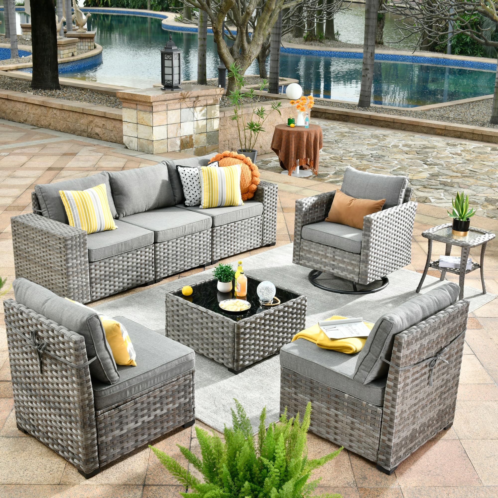 Ovios 8 Pieces Patio Furniture Set, Outdoor Sectional Sofa with Swivel Rocking Chair
