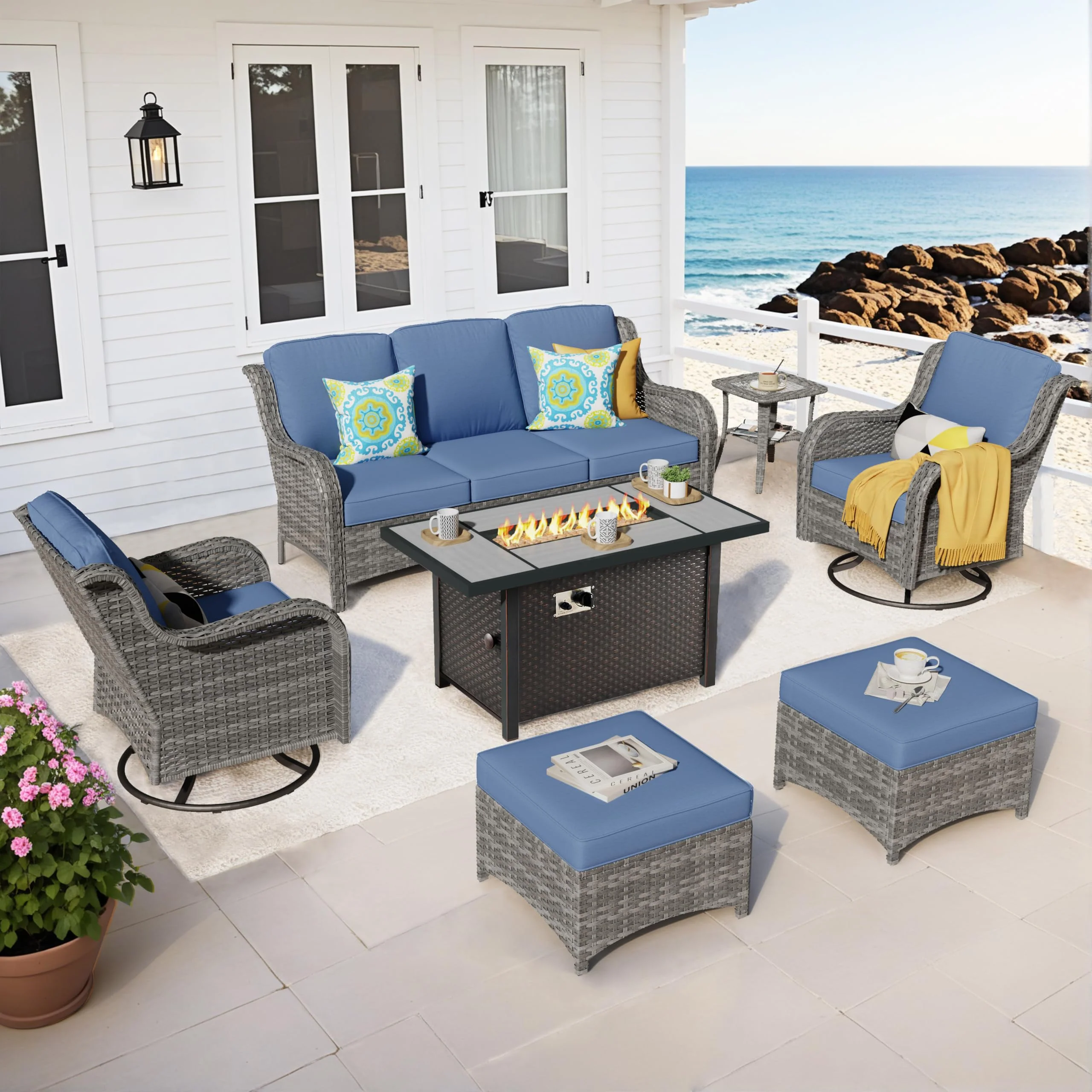 Ovios Outdoor Furniture 7-Piece with 42'' Fire Pit Table and Kenard 2 Rocking Chairs