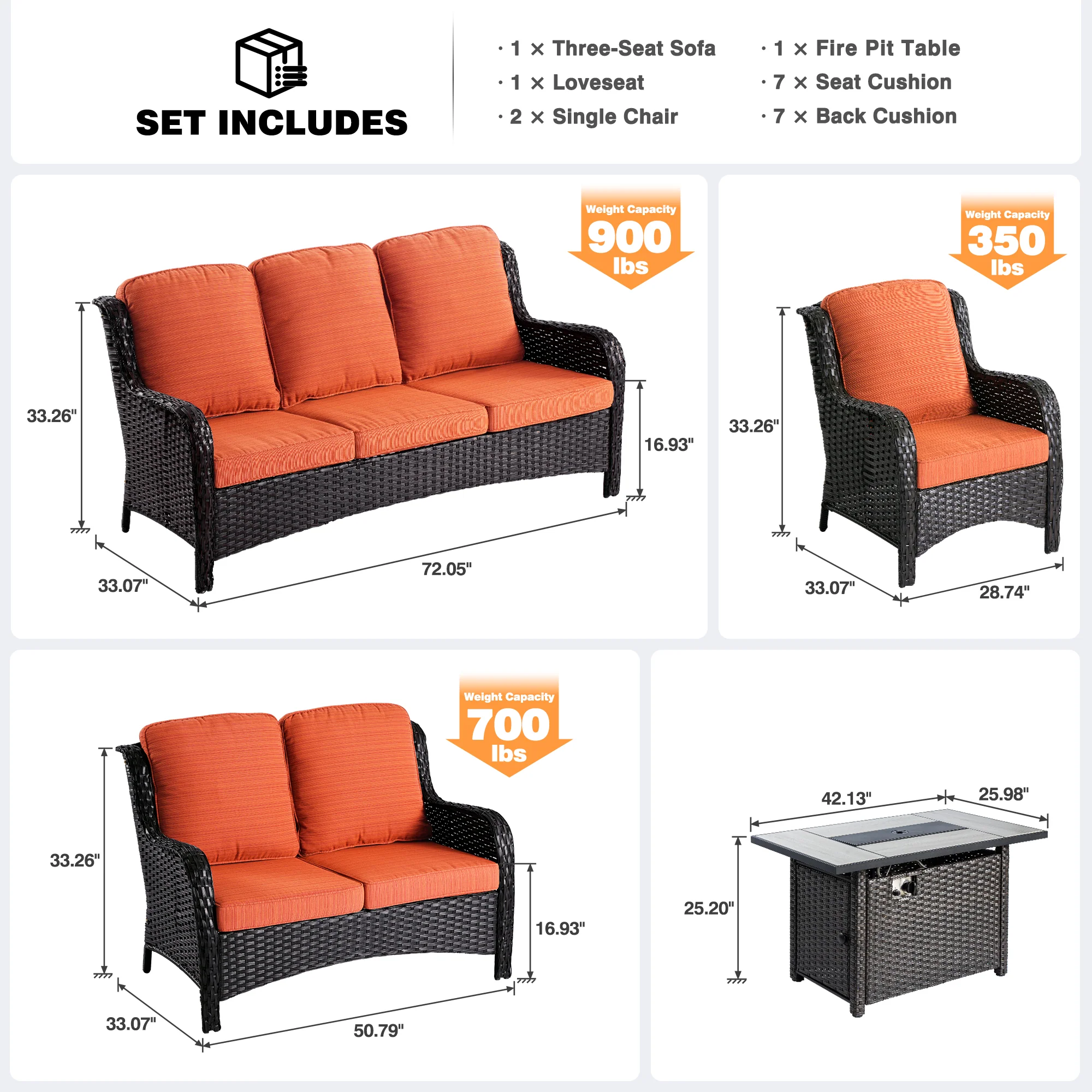 Ovios Patio Kenard 5-Piece Conversation Set with 42'' Fire Pit Table and Loveseat