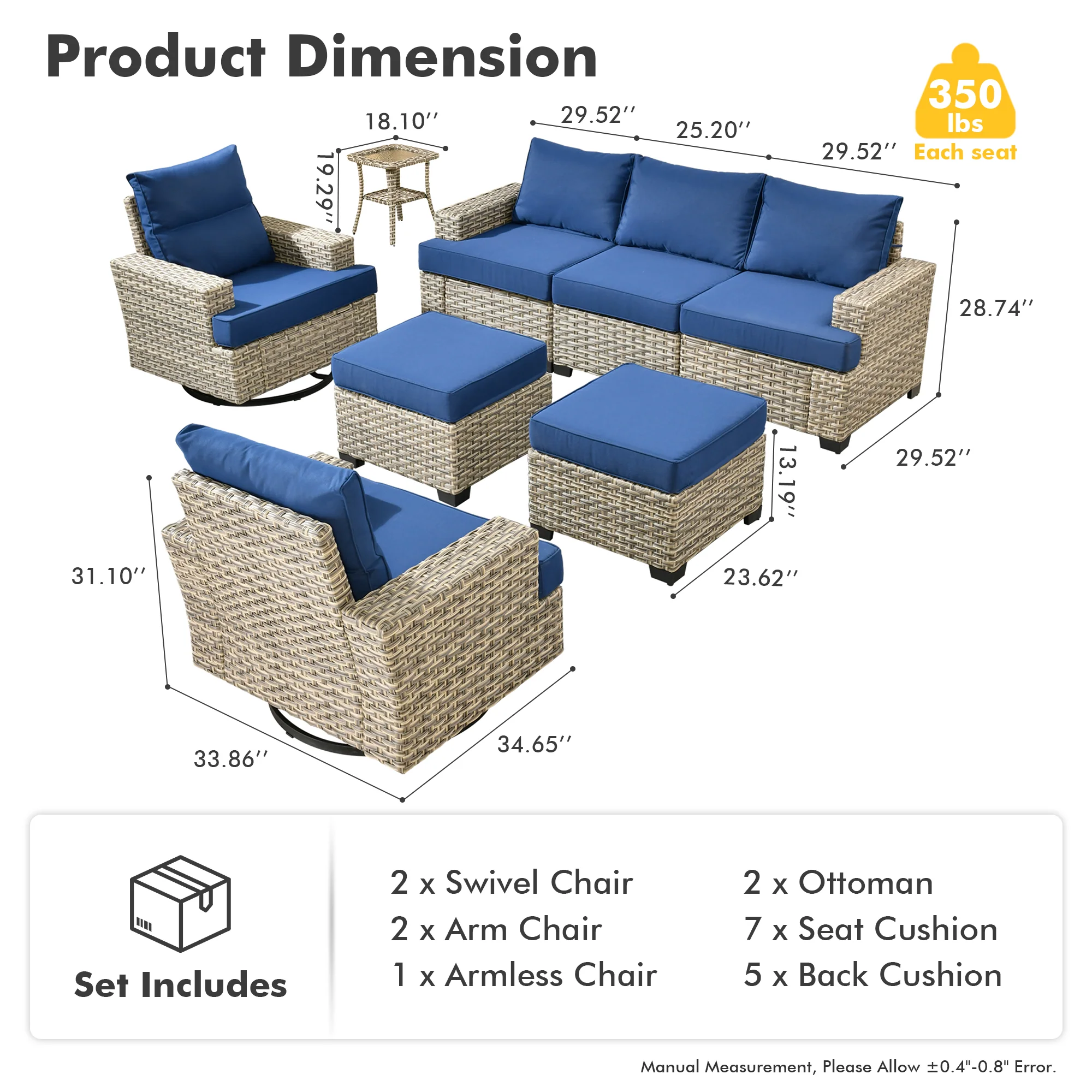 TBS Series - Sectional Patio Furniture Set 8-Piece, Included Swivel Chair