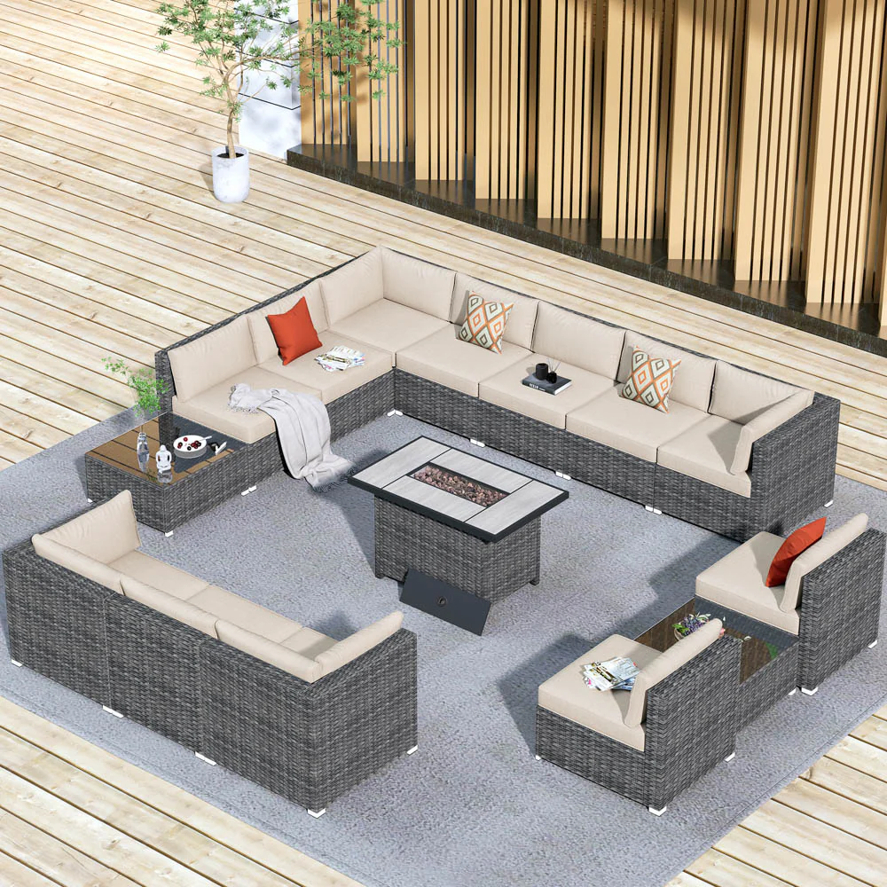Ovios Patio Furniture Set 15-Piece with 42.12'' Fire Pit and Glass Table