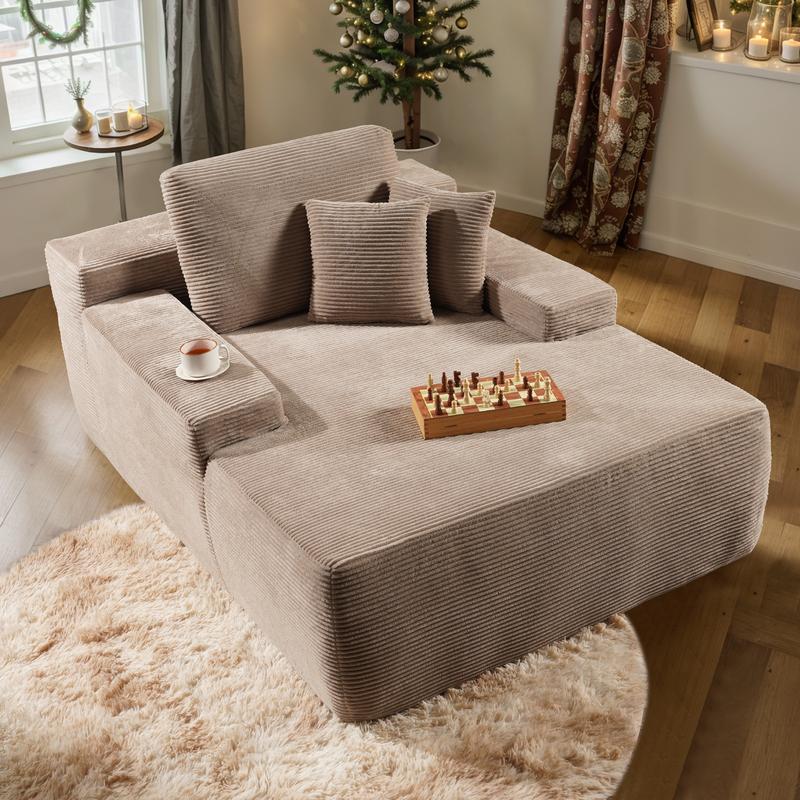 Ovios 49'' Boneless Chaise Lounge, Upholstered Sofa Bed with Throw Pillows and Armrests, Indoor Sleeper Chair- Luxurious Plush Corduroy Chair Bed for Living Room - No Assembly Required
