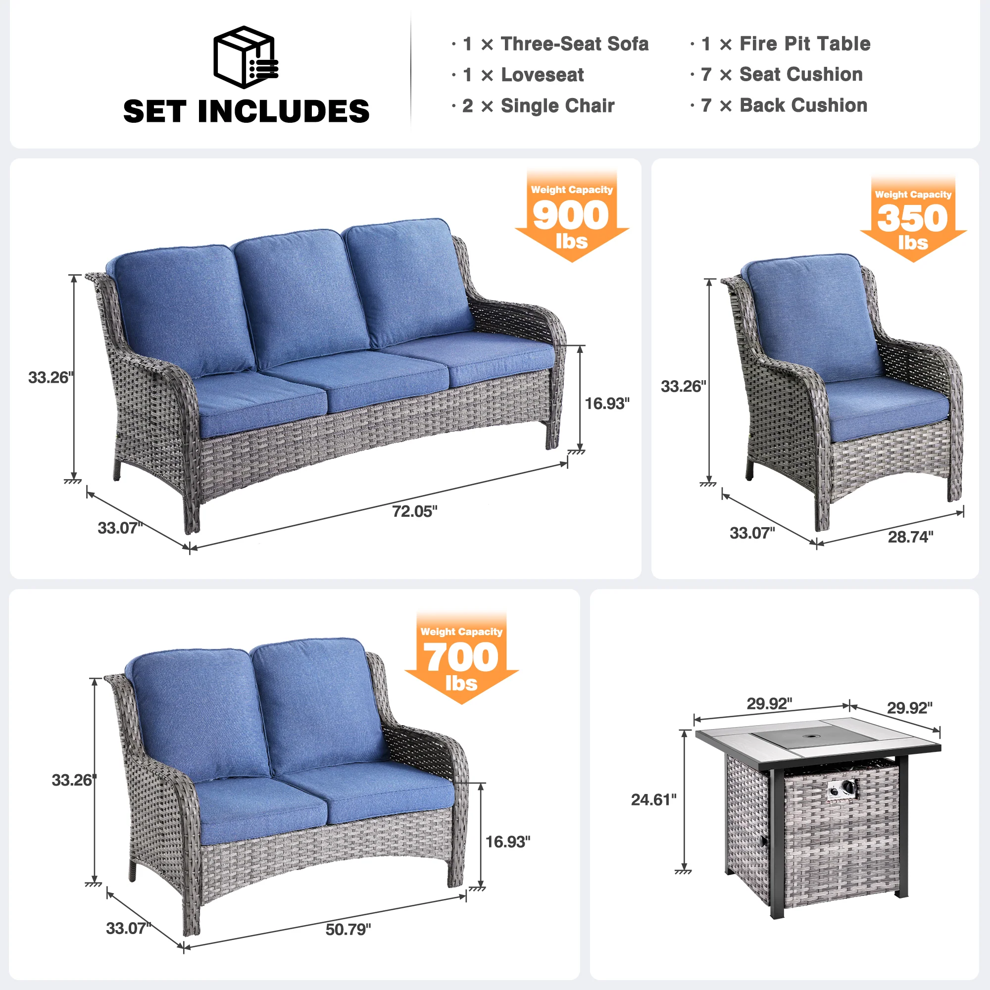 Ovios Patio Kenard 5-Piece Conversation Set with 30'' Fire Pit Table and Loveseat