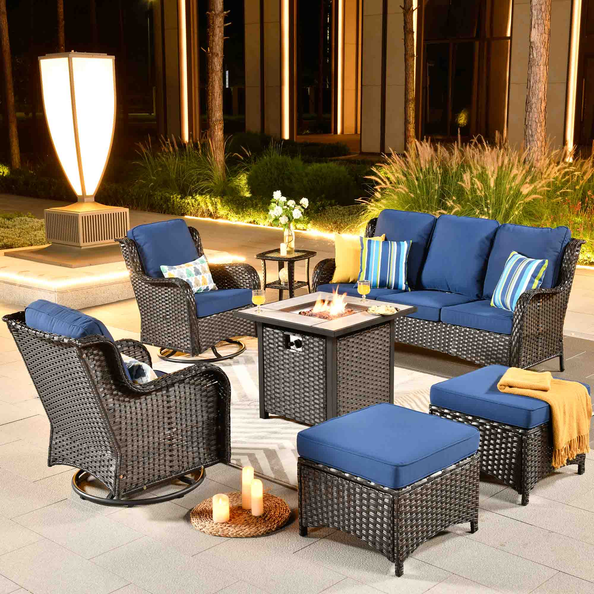 Ovios Outdoor Furniture 7-Piece with 30'' Fire Pit Table and Kenard 2 Rocking Chairs