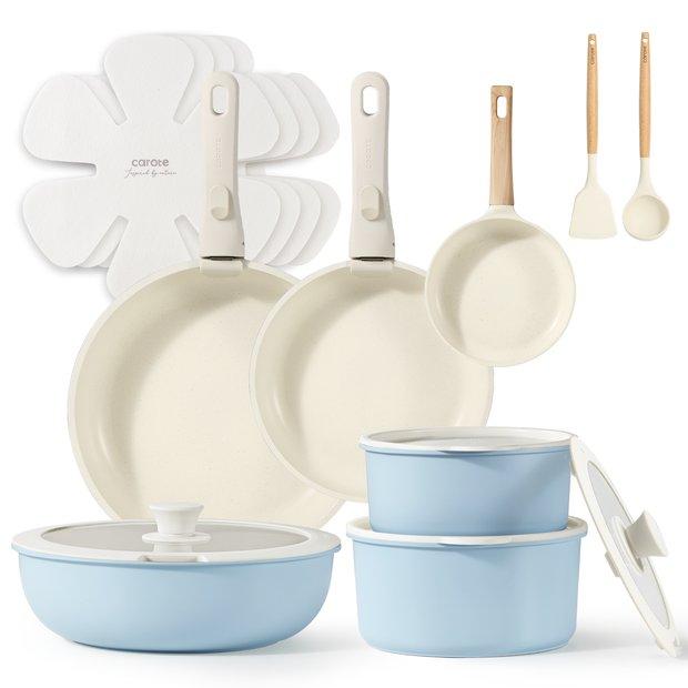 CAROTE 18pcs Detachable Handle Nonstick Cookware Set, Blue/Green/Black/Taupe/White, Pots and Pans, Oven safe Frying Pan, Dishwasher Safe