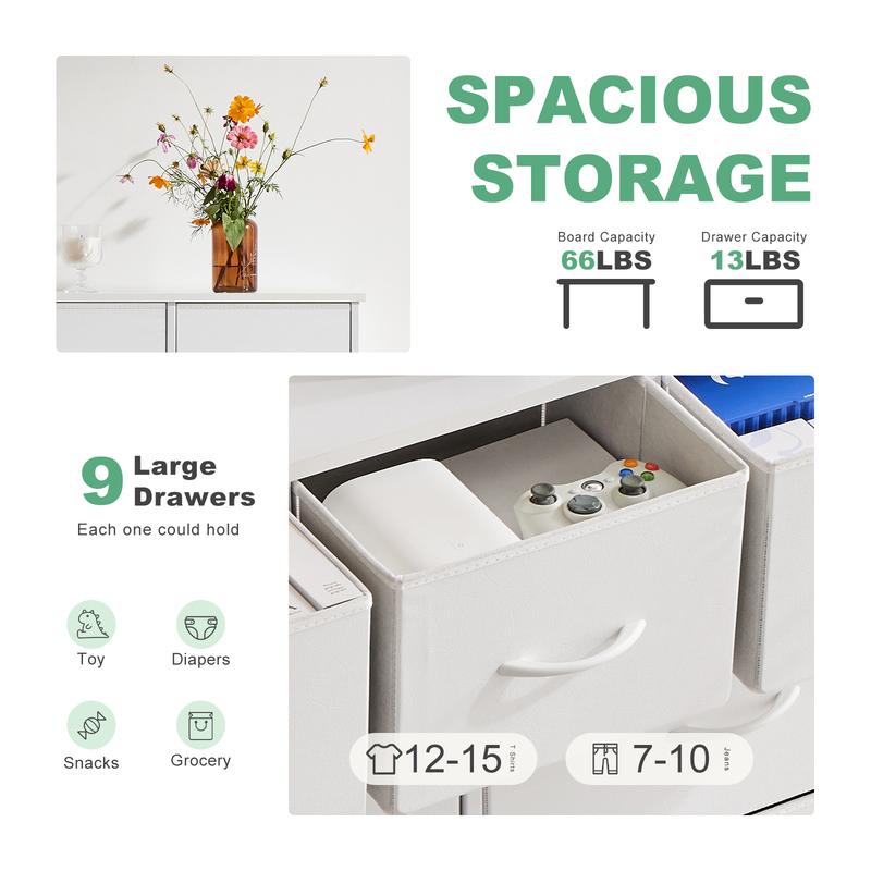 Fabric Storage Tower with 9 Drawers, Bedroom Drawer Dresser Organizer, Chest of Drawers with Fabric Bins, Steel Frame and Wood Top