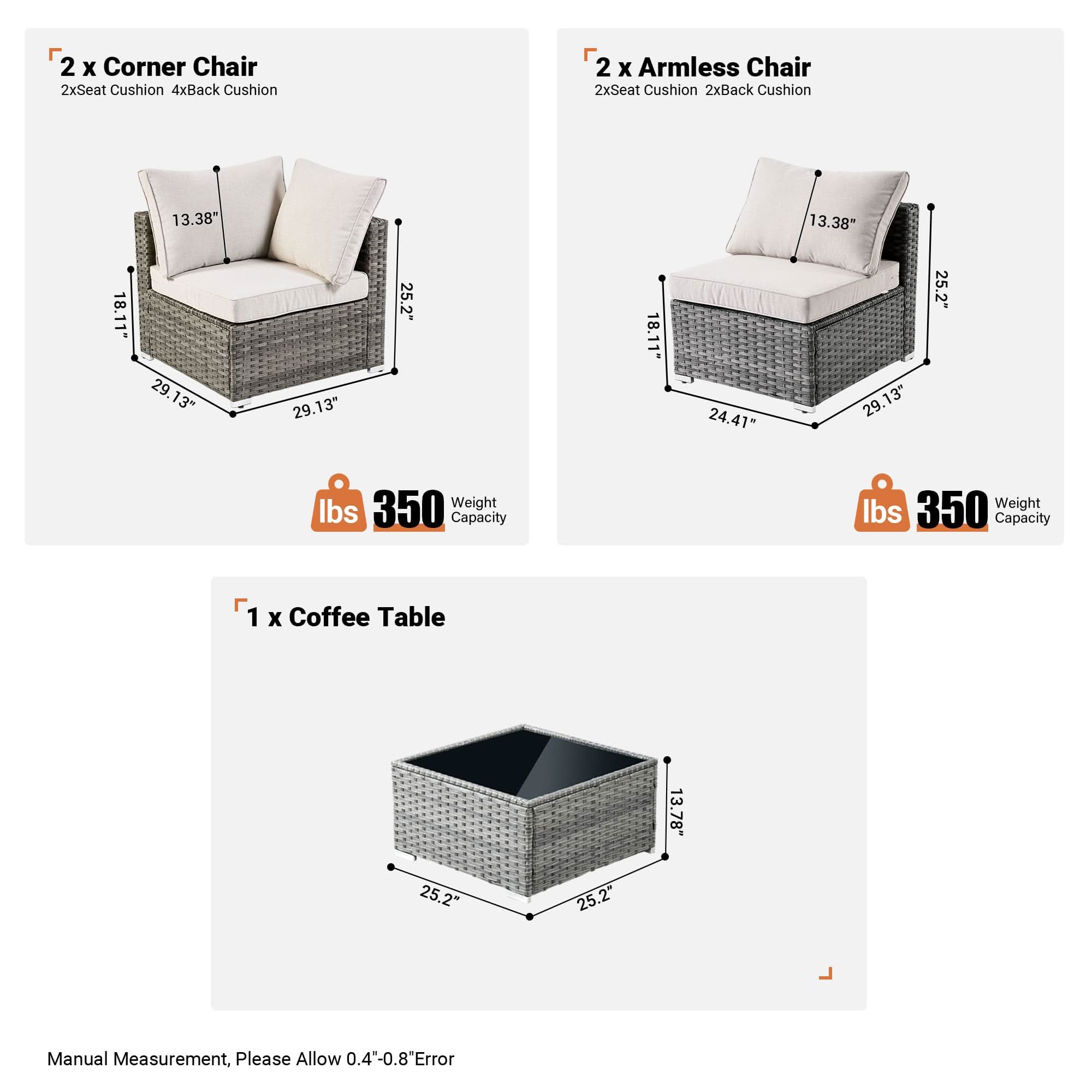 Ovios Outdoor 5 Piece Coversation Set with Coffee Table,Sectional Patio Furniture Set with All-Weather Wicker Sofa