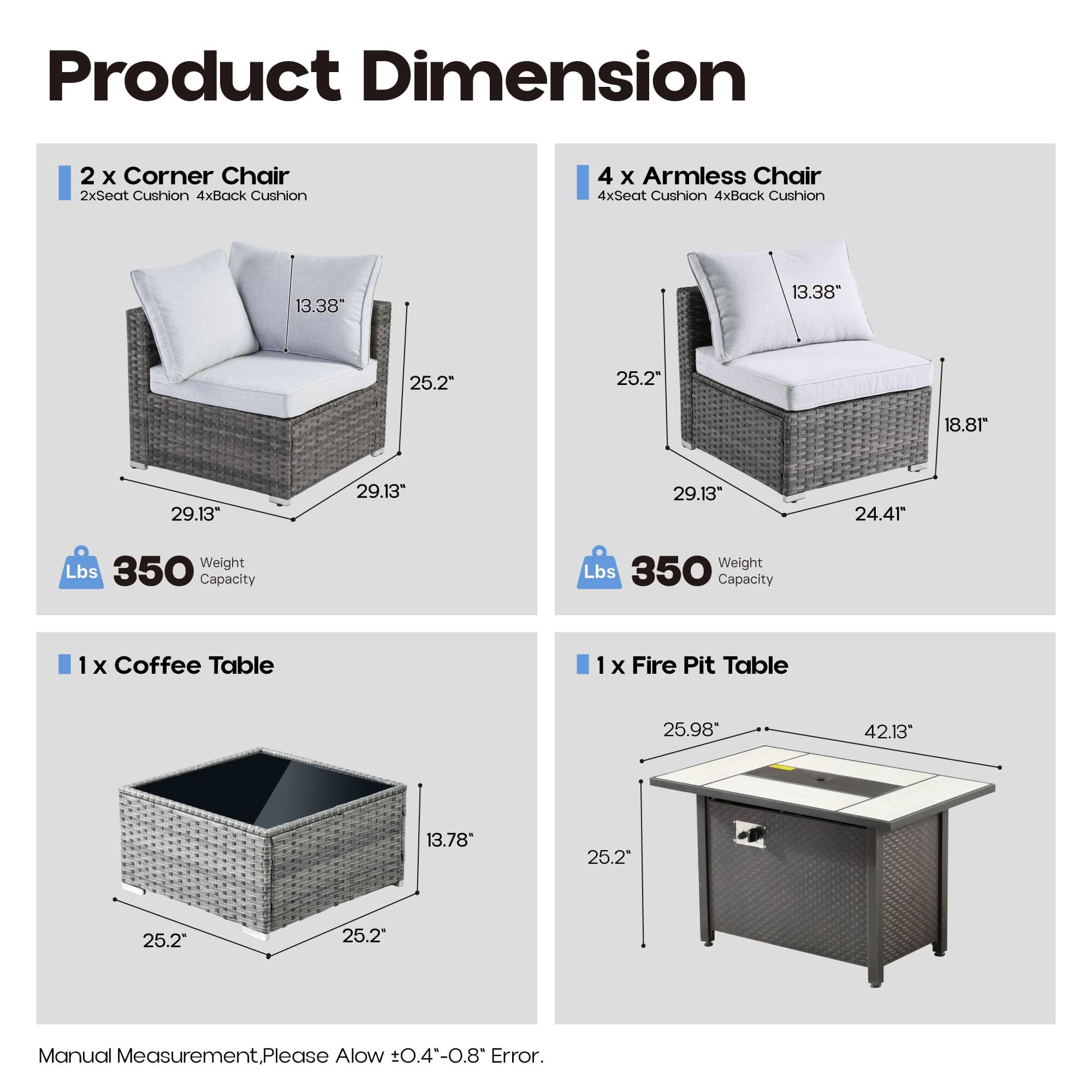 Ovios Outdoor 8 Piece Patio Furniture Set with Fire Pit Table,Conversation Sectional Wicker Couch with Coffee Table
