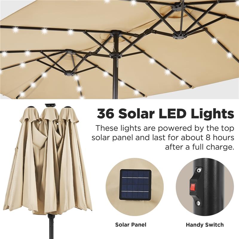 【Solar LED Lights Umbrella】Yaheetech 15/13ft Large Patio Umbrella, Outdoor Double-Sided Rectangle Umbrella with 36 LED Lights & Crank for Patio Garden Pool Lawn Backyard, Base Included