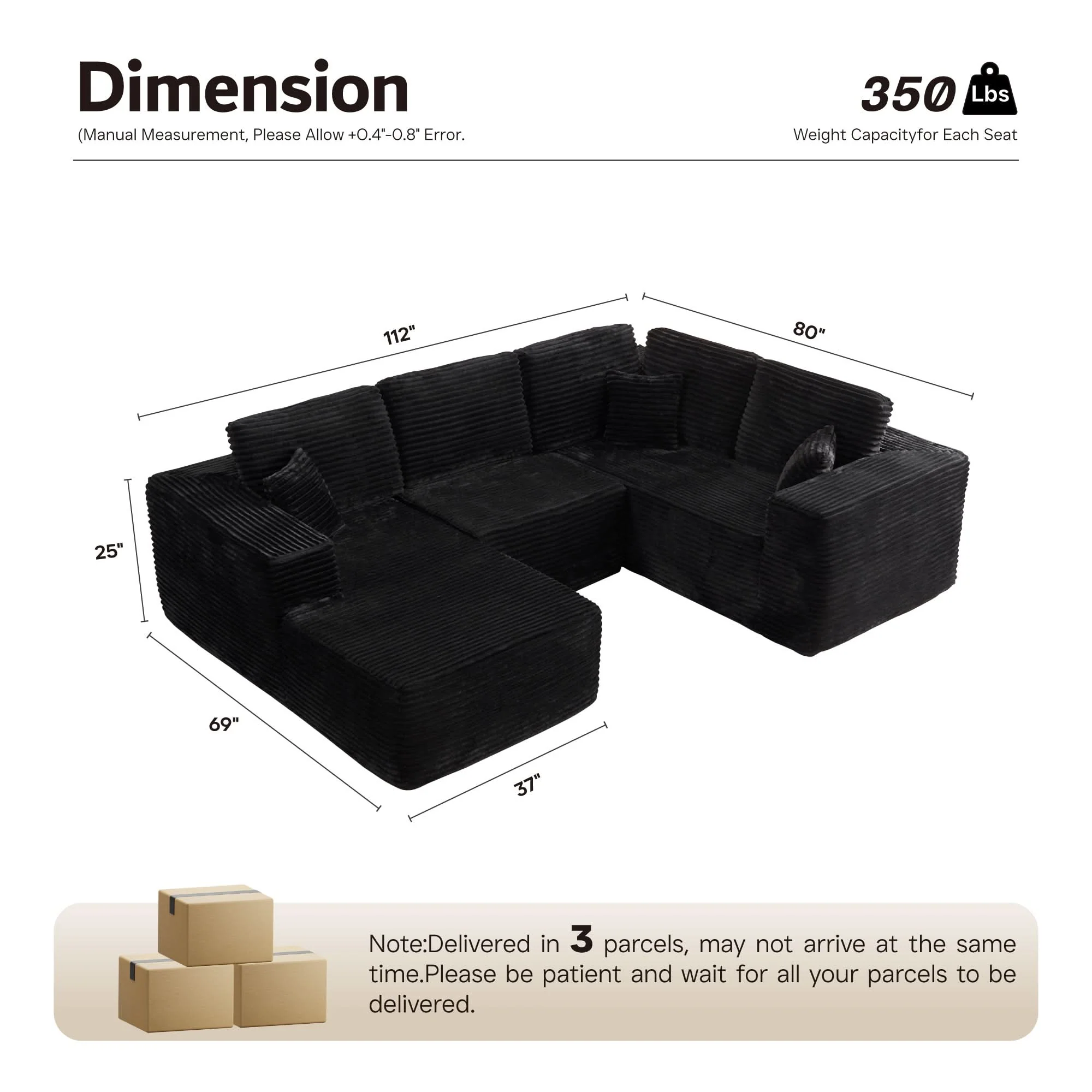 Ovios U-Shaped Cloud Sectional Sofa with Chaise - Plush Corduroy, Memory Foam & No Assembly