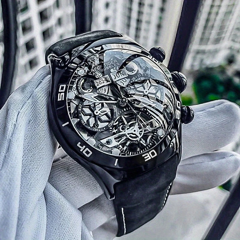 REEF TIGER/Reef Tiger men's mechanical hollow watch three-needle RGA703-air bubble