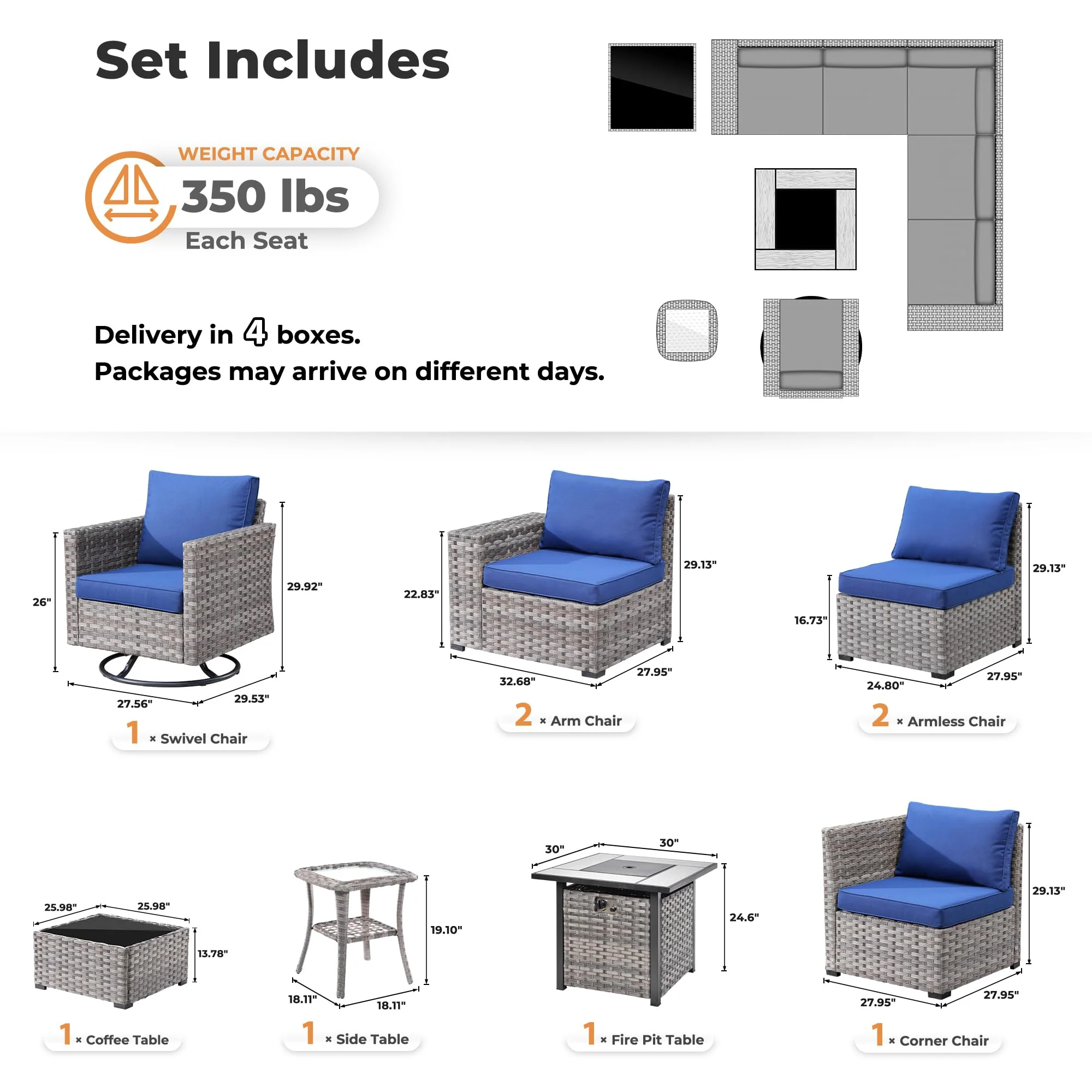 Ovios 9 Pieces Patio Furniture Set, Outdoor Sectional Sofa with Swivel Rocking Chair, 30