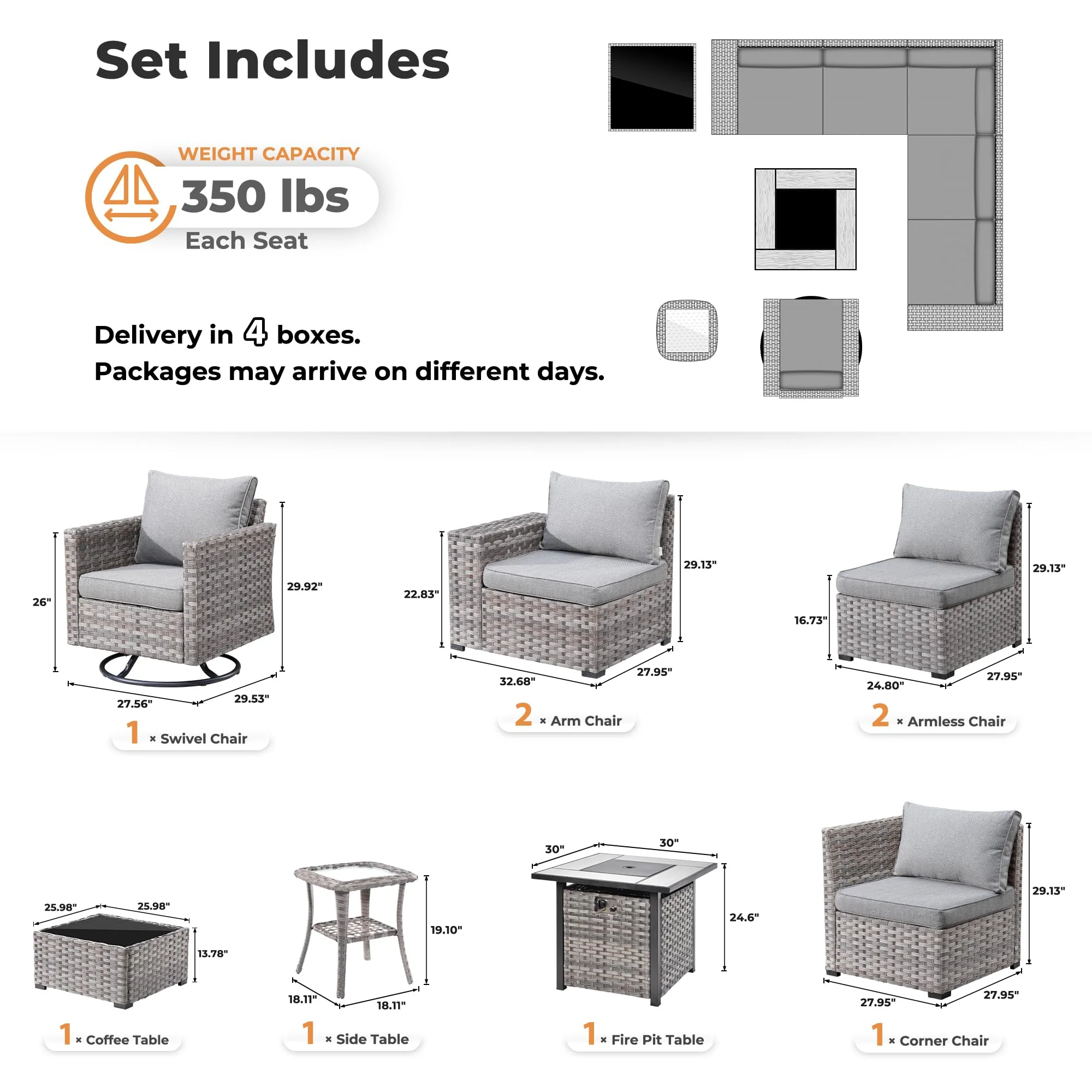 Ovios 9 Pieces Patio Furniture Set, Outdoor Sectional Sofa with Swivel Rocking Chair, 30