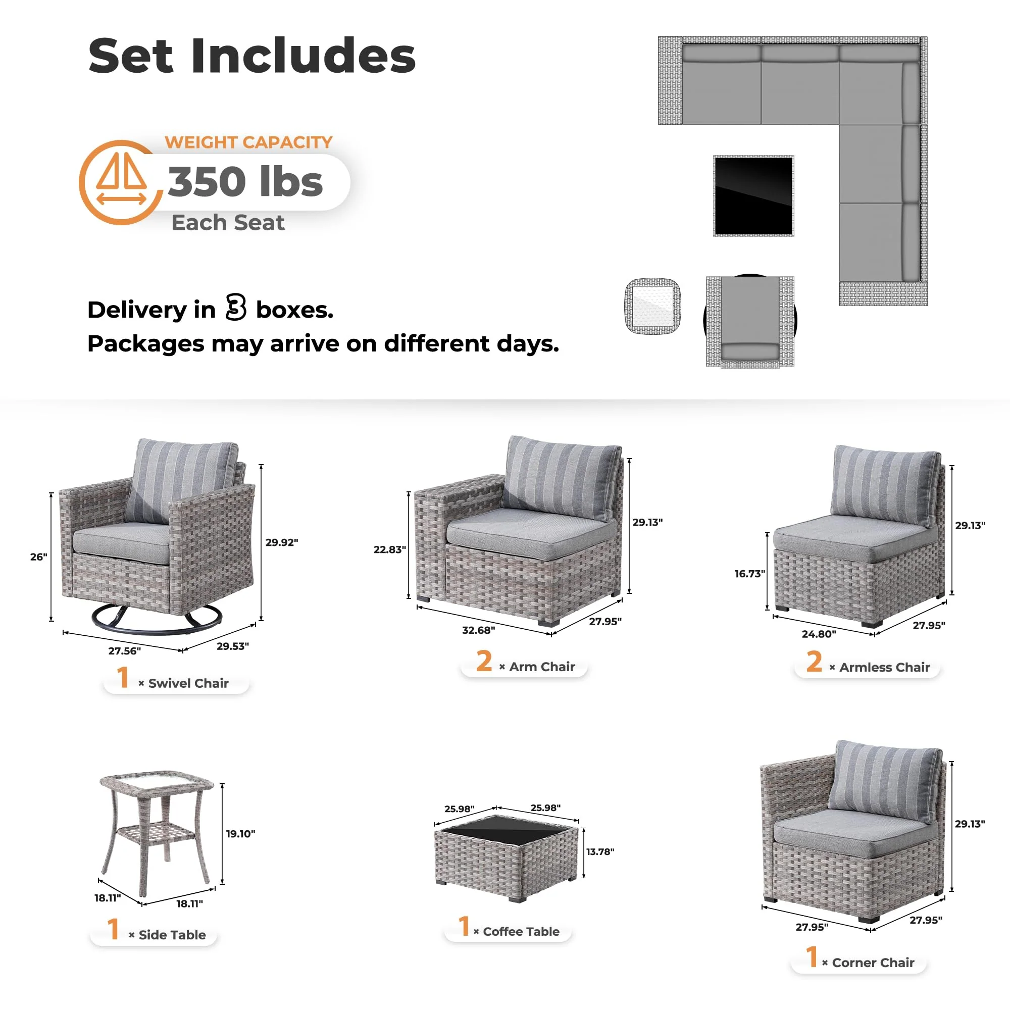 Ovios 8 Pieces Patio Furniture Set, Outdoor Sectional Sofa with Swivel Rocking Chair