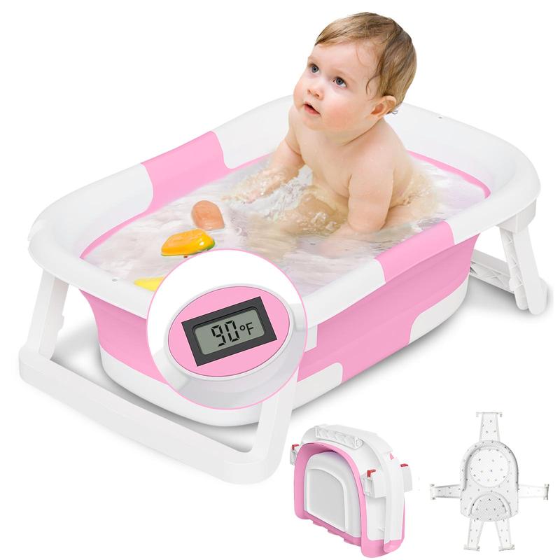 Napei Collapsible Baby Bathtub with Real-Time Temp Monitor, Floating Cushion, Foldable Baby Bath Tub Set for Newborns & Toddlers