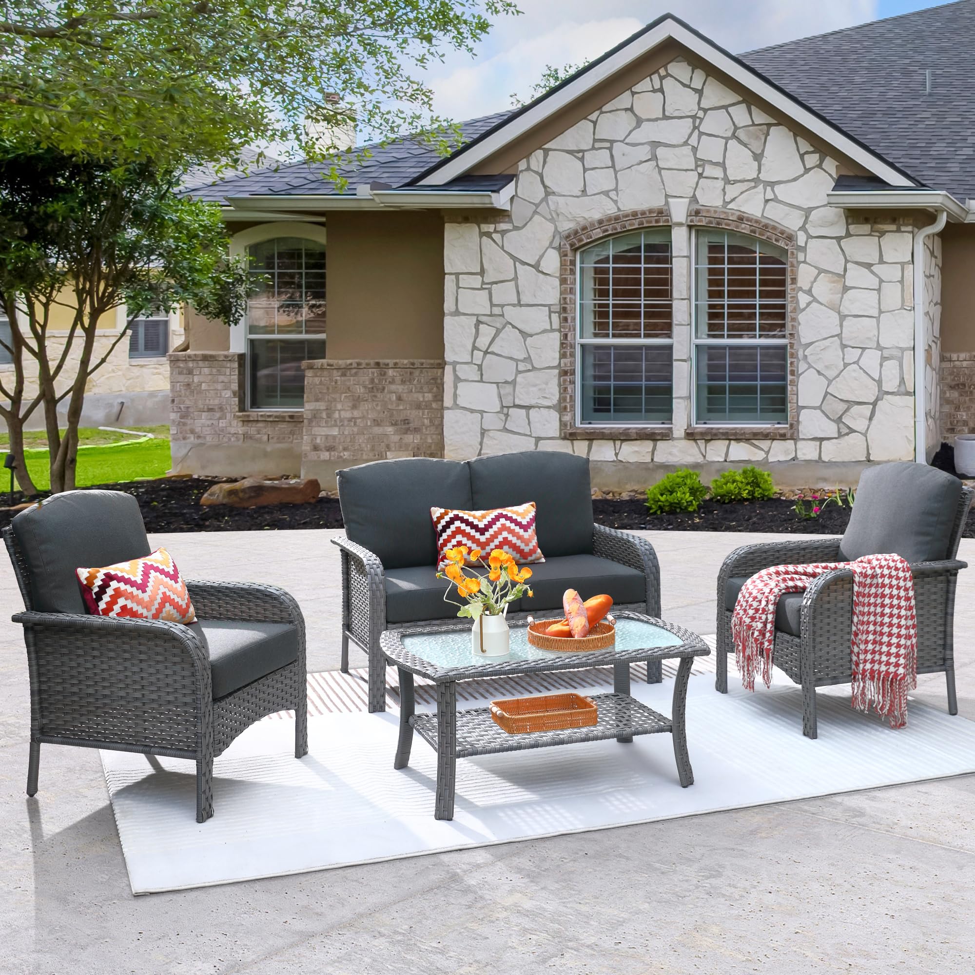 Ovios Patio Furniture Set New August 4 Piece High Back All Weather PE Wicker