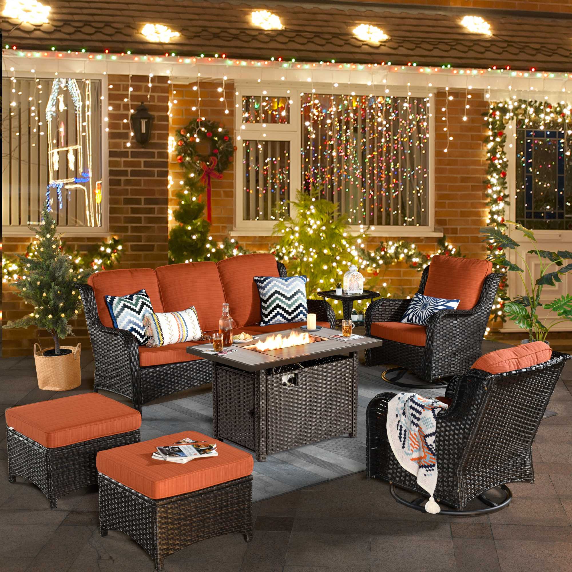 Ovios Patio 7-Piece Conversation Set with 42'' Rectangle Propane Fire Pit Table and Rocking Chairs Kenard