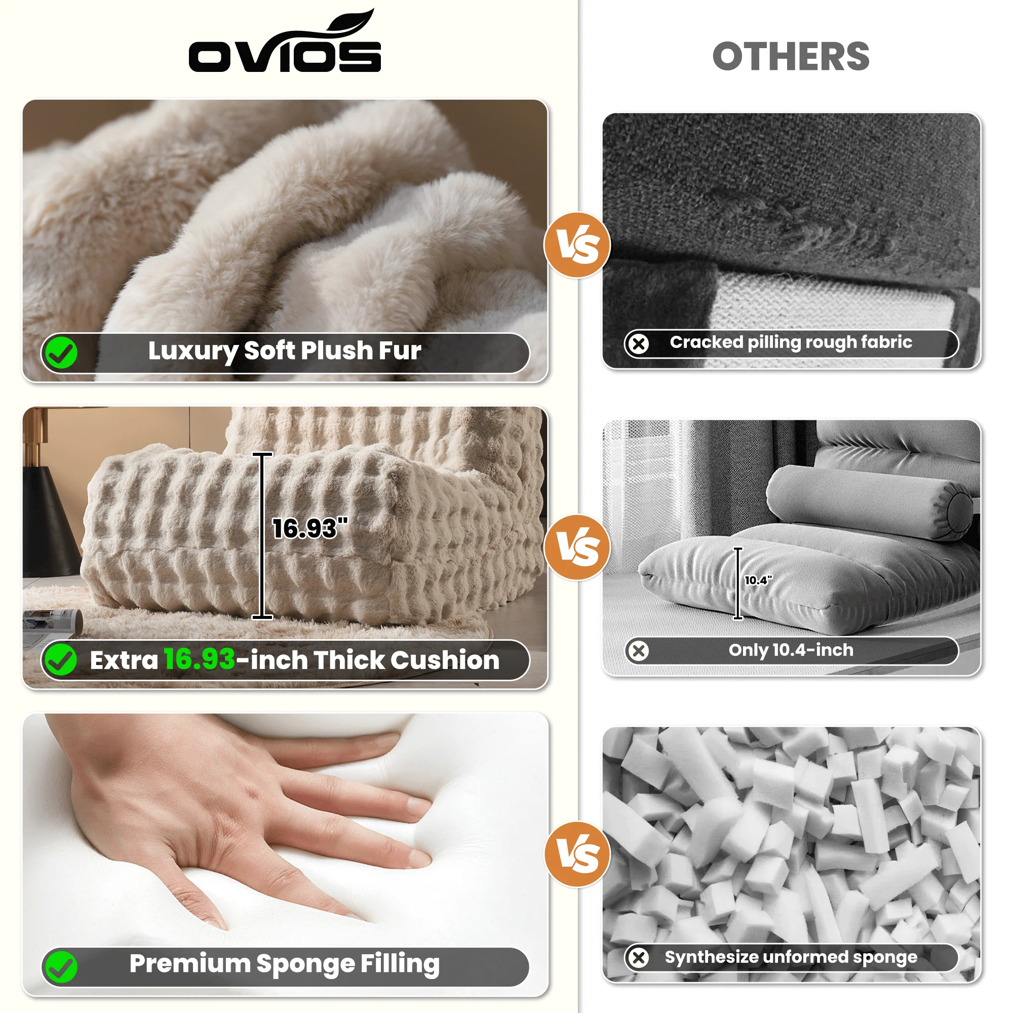 OVIOS Luxurious Fluffy Faux Fur Bean Bag Couch