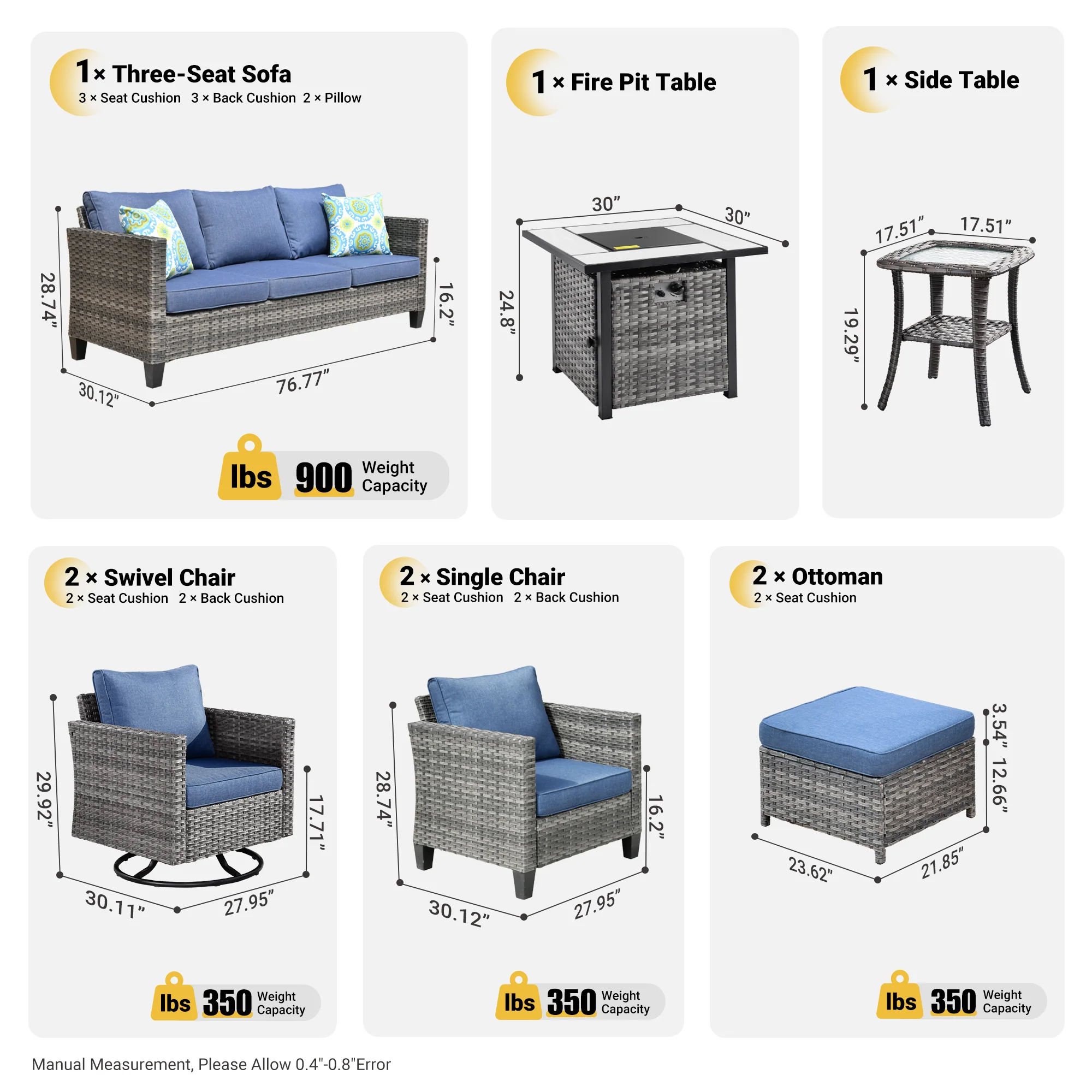 Ovios Patio Vultros 9-Piece Set with 2 Swivel Chairs and 30'' Propane Fire Pit Table
