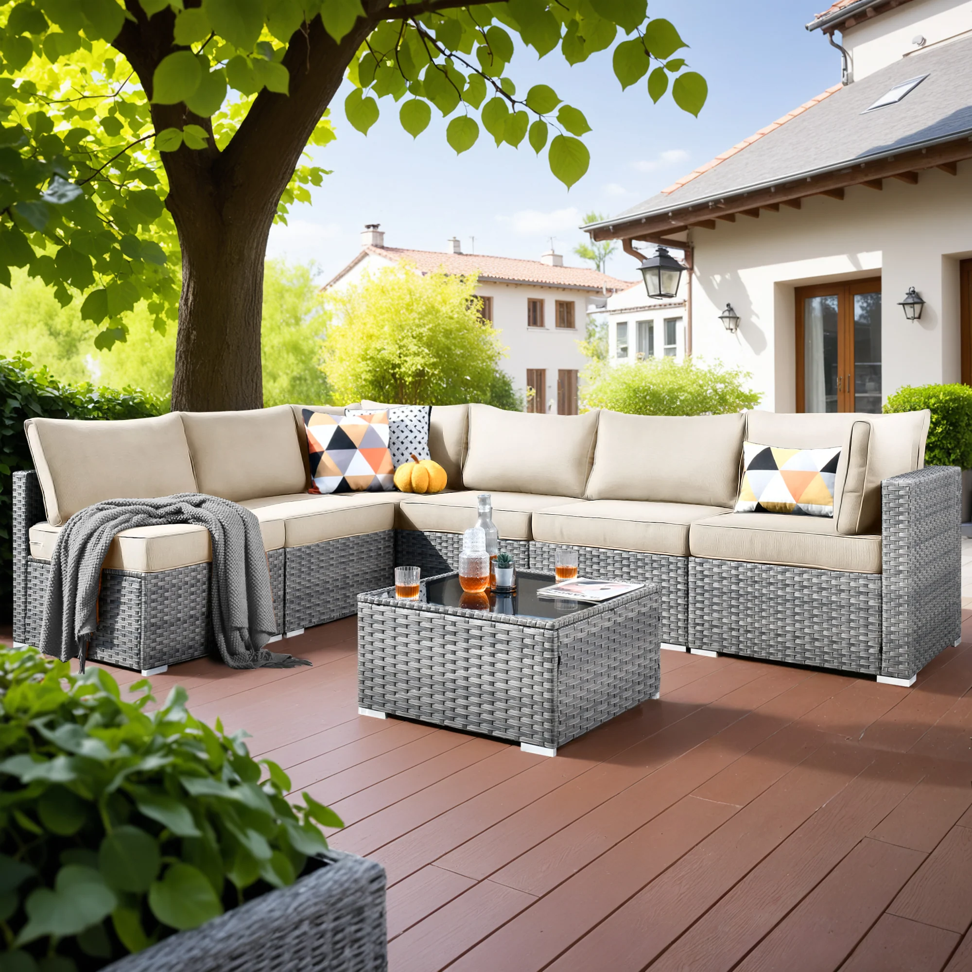 Ovios Outdoor Sectional Furniture 7-Piece with Cushions and Table