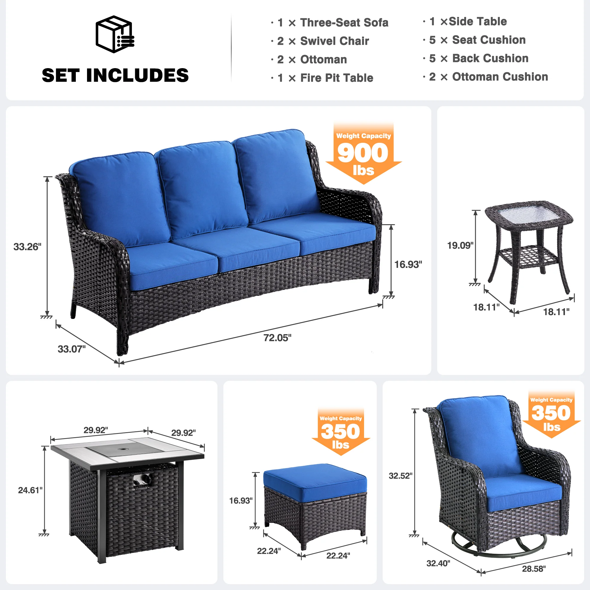 Ovios Outdoor Furniture 7-Piece with 30'' Fire Pit Table and Kenard 2 Rocking Chairs