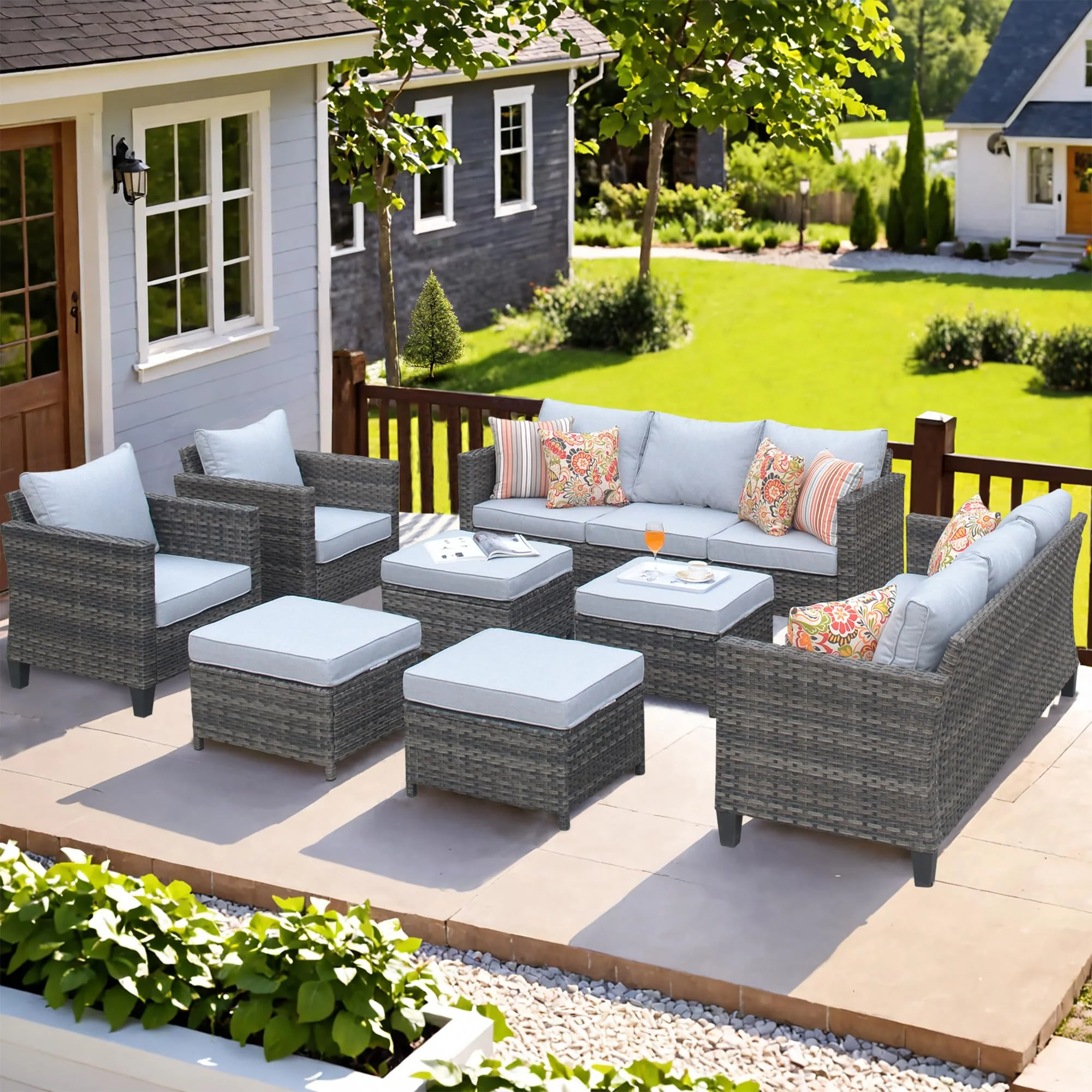 Ovios Patio Furniture Set New Vultros 8-Piece High Back with Cushions