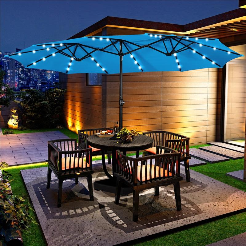 【Solar LED Lights Umbrella】Yaheetech 15/13ft Large Patio Umbrella, Outdoor Double-Sided Rectangle Umbrella with 36 LED Lights & Crank for Patio Garden Pool Lawn Backyard, Base Included