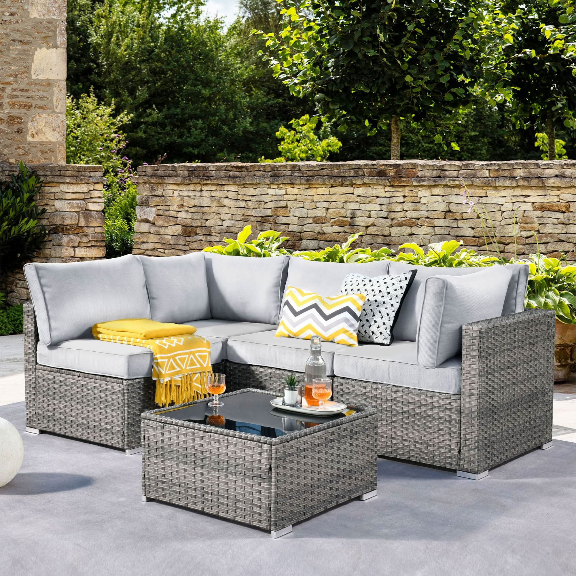 Ovios Outdoor 5 Piece Coversation Set with Coffee Table,Sectional Patio Furniture Set with All-Weather Wicker Sofa