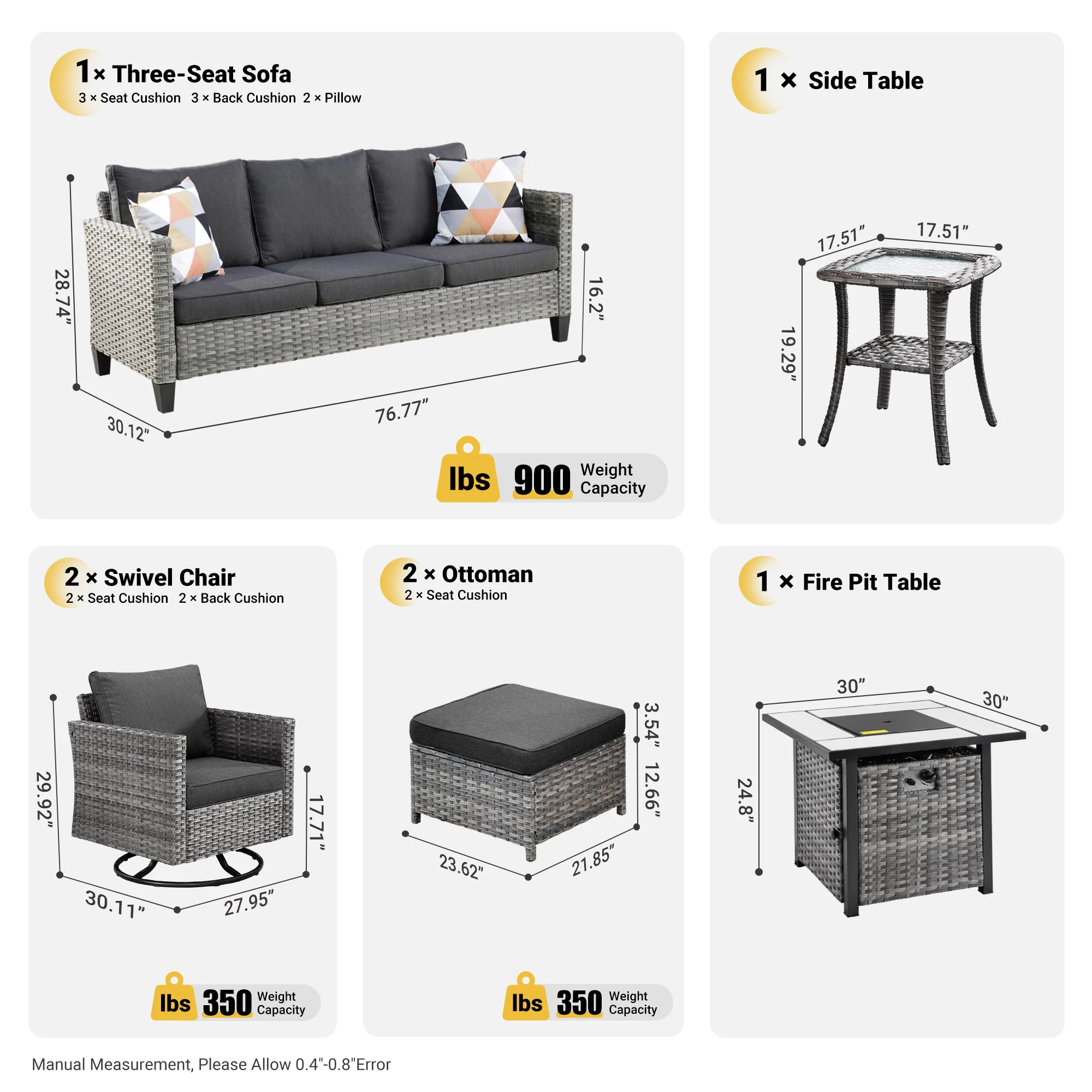 Ovios Patio Vultros 7-Piece Set With Swivel Chair and Rectangle 42'' Propane Fire Pit Table