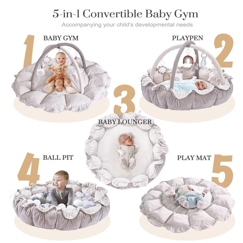 MALLIFY 5-in-1 Thick & Plush Play Gym, Tummy Time Play Mat with 6 Toys, Cat Bed, Dog Bed, Cloudico, 19.29 x 45.28 x 45.28 Inches Tummy Time Comfortable Nursery Development Easy Assembly Mat