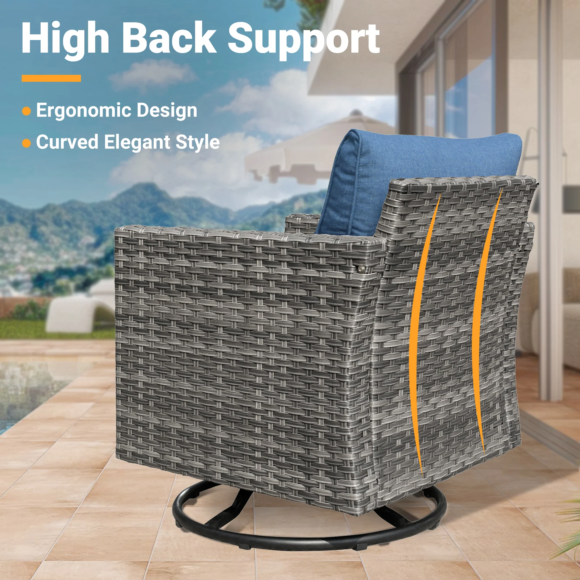 Ovios Patio Vultros 7-Piece Set With Swivel Chair and Rectangle 42'' Propane Fire Pit Table