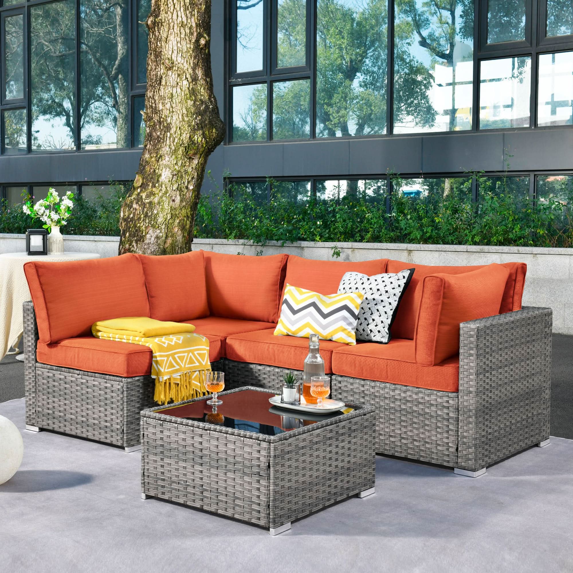 Ovios Outdoor 5 Piece Coversation Set with Coffee Table,Sectional Patio Furniture Set with All-Weather Wicker Sofa