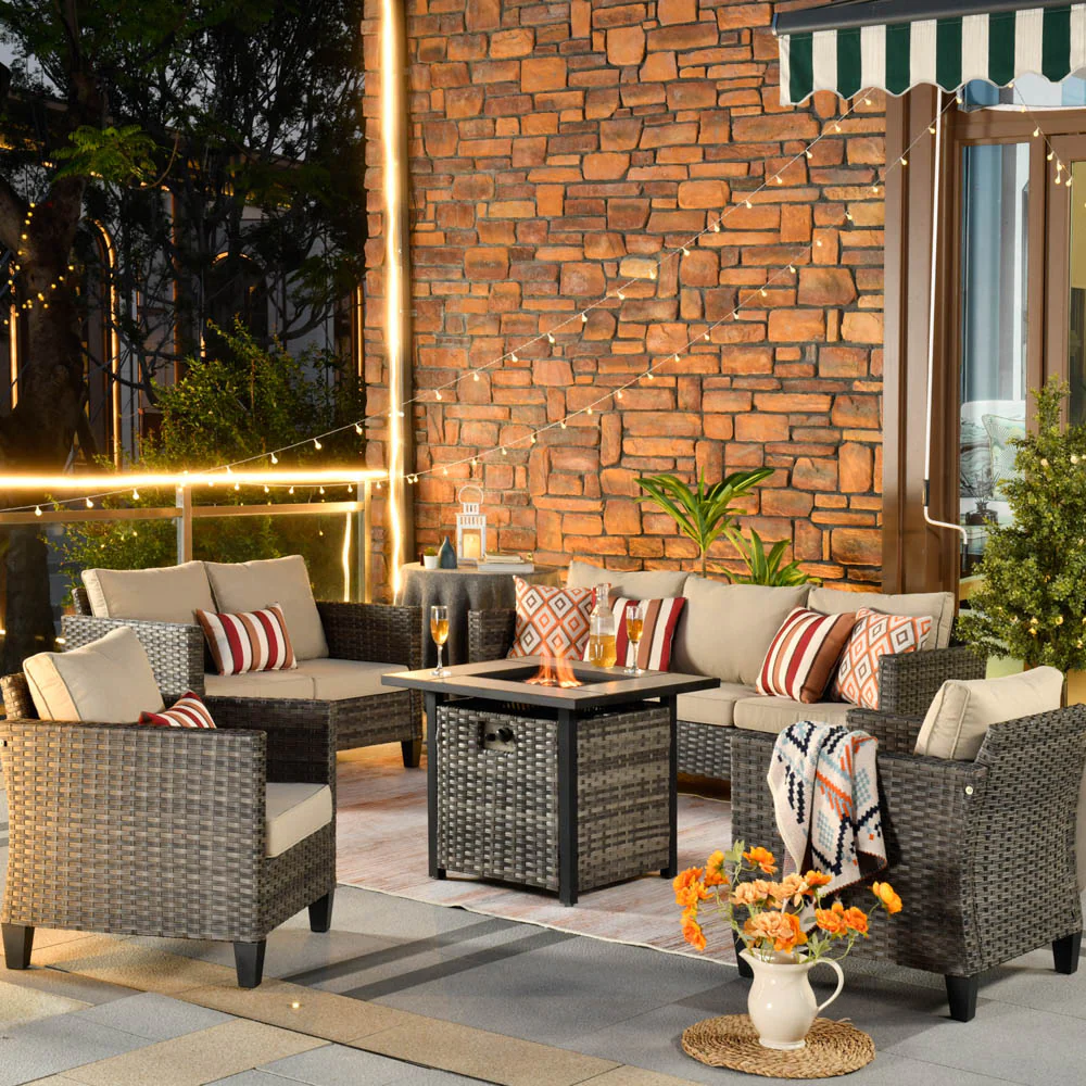 Ovios Patio Vultros Furniture Set 7-Person Seating with 30'' Propane Fire Pit Table