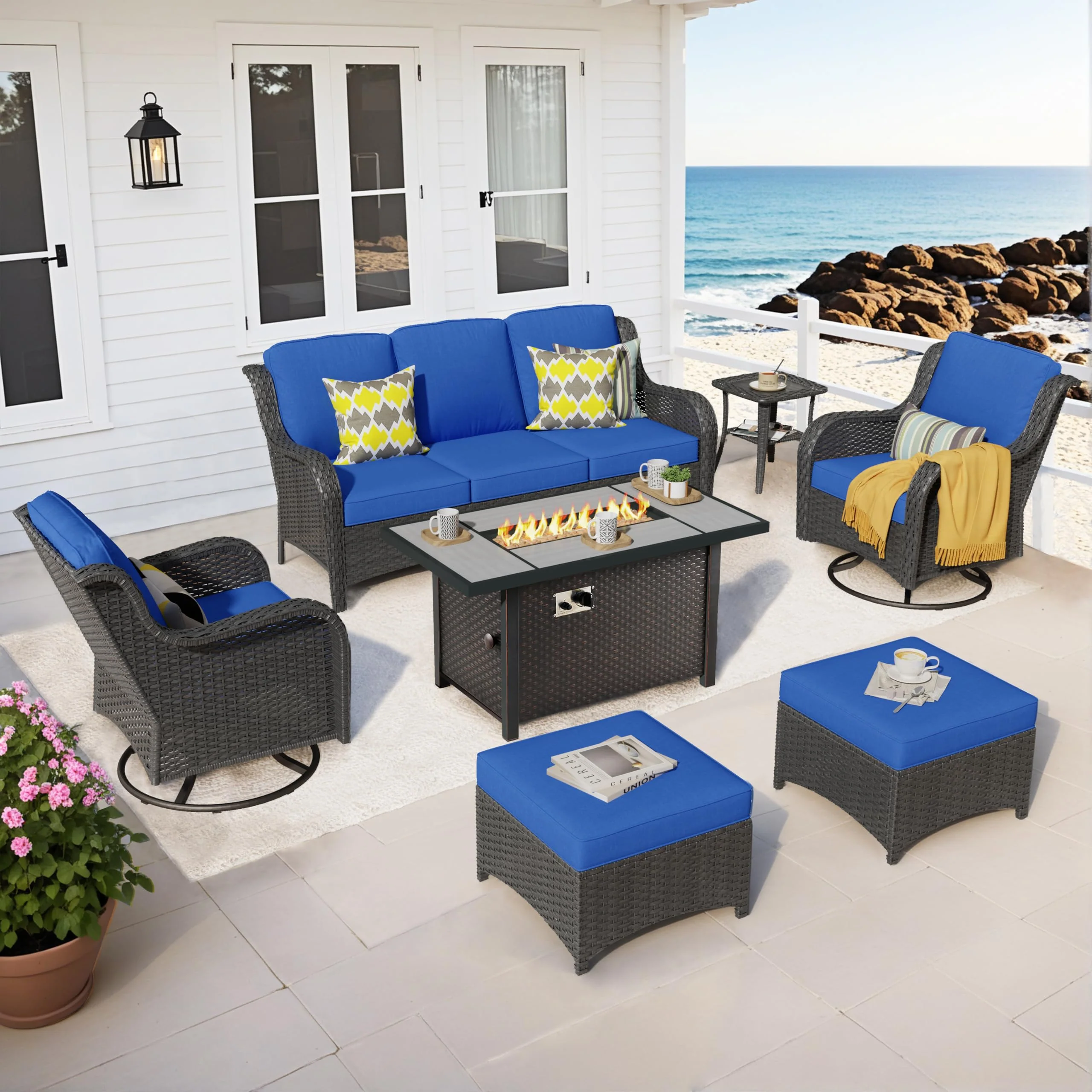 Ovios Outdoor Furniture 7-Piece with 42'' Fire Pit Table and Kenard 2 Rocking Chairs