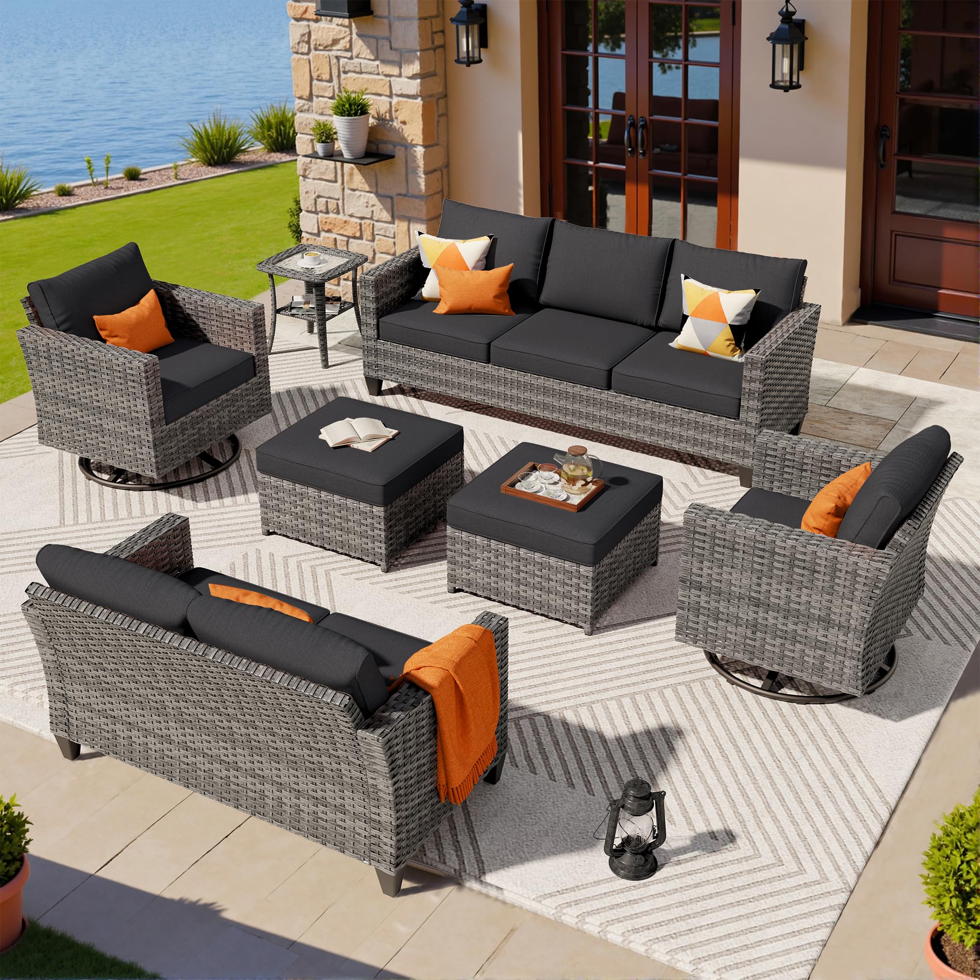 Ovios 7 Pieces Patio Furniture Set, Outdoor Wicker Sofa with Rocking Swivel Chairs