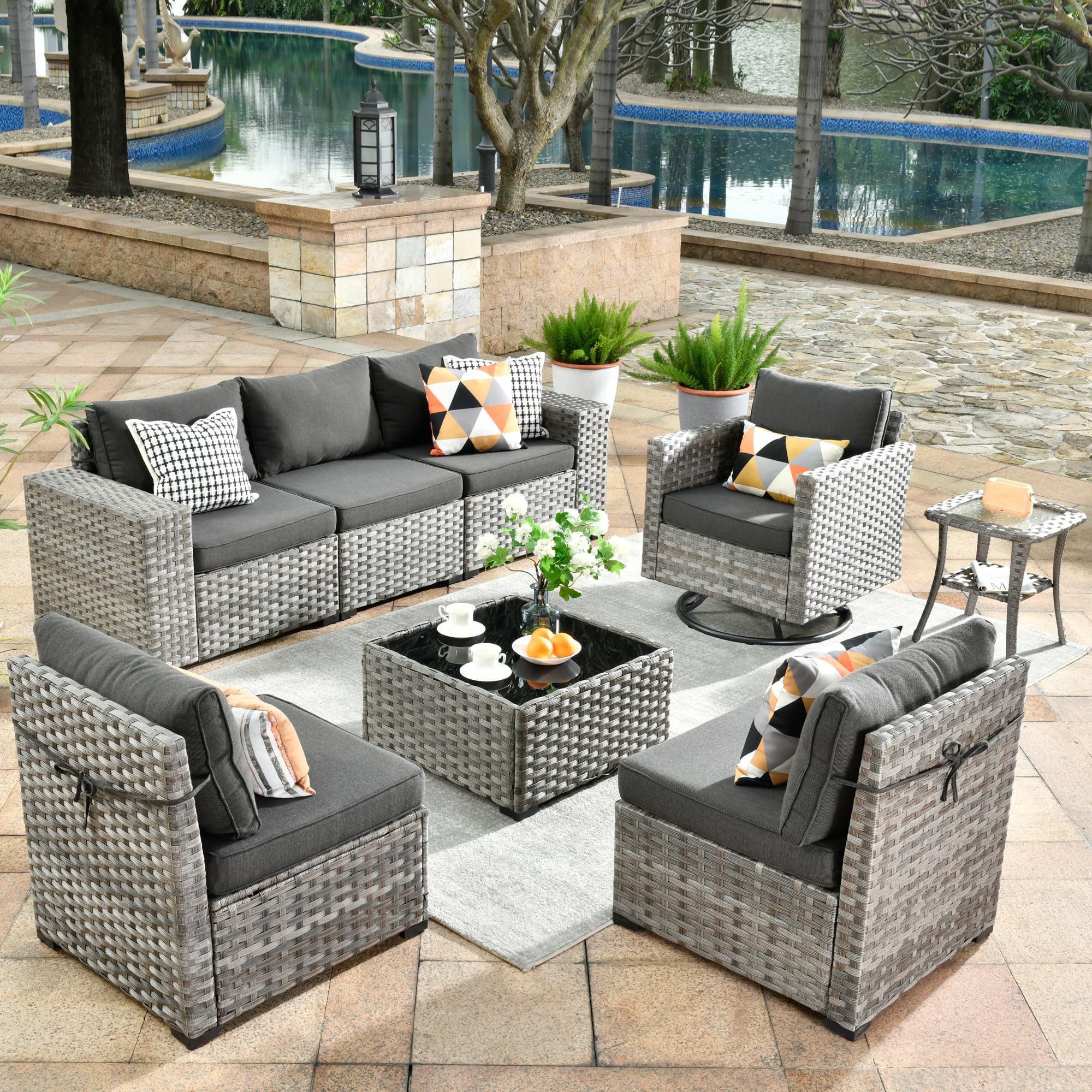 Ovios 8 Pieces Patio Furniture Set, Outdoor Sectional Sofa with Swivel Rocking Chair