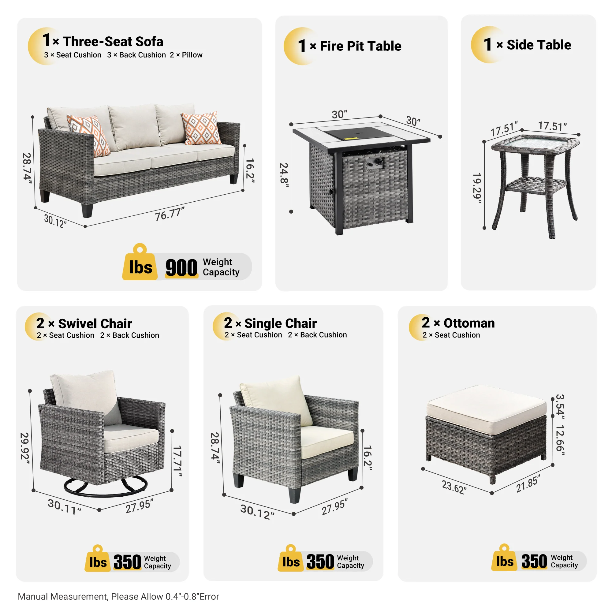 Ovios Patio Vultros 9-Piece Set with 2 Swivel Chairs and 30'' Propane Fire Pit Table