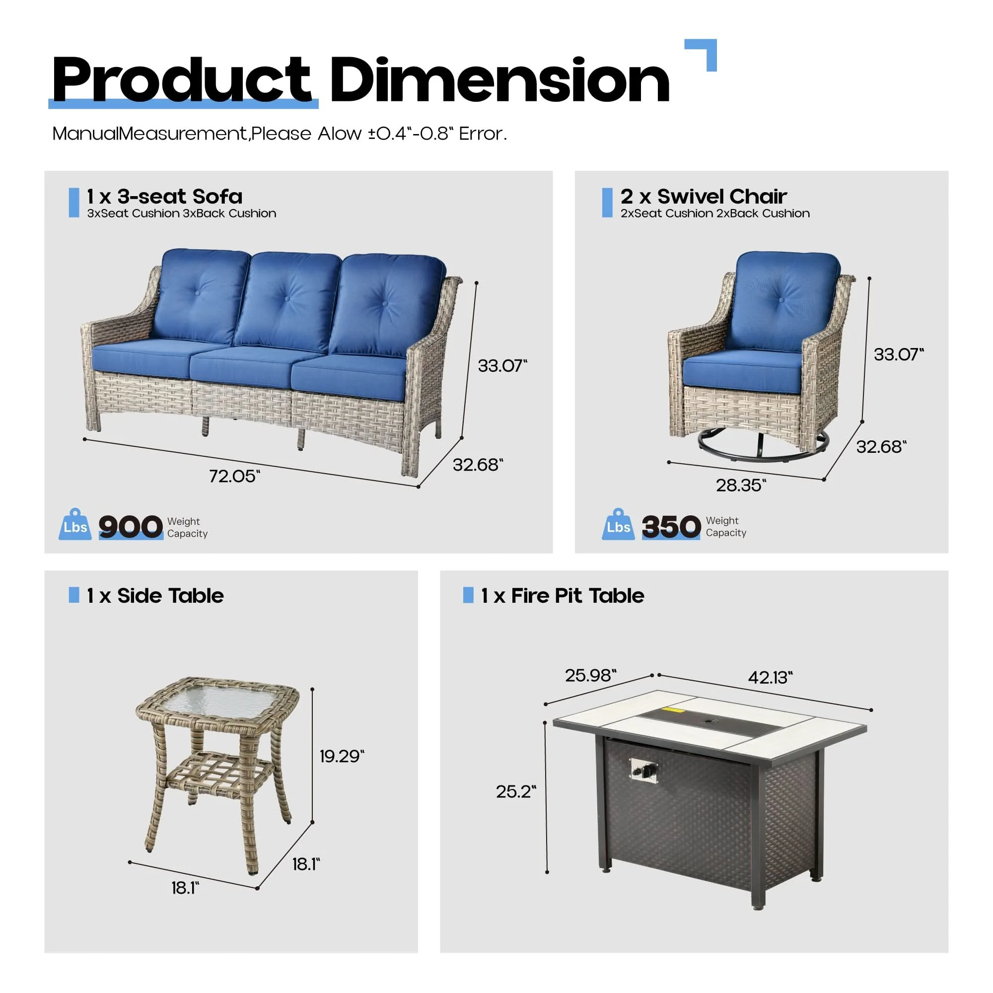 Ovios Outdoor 5 Pieces Coversation Set with 42