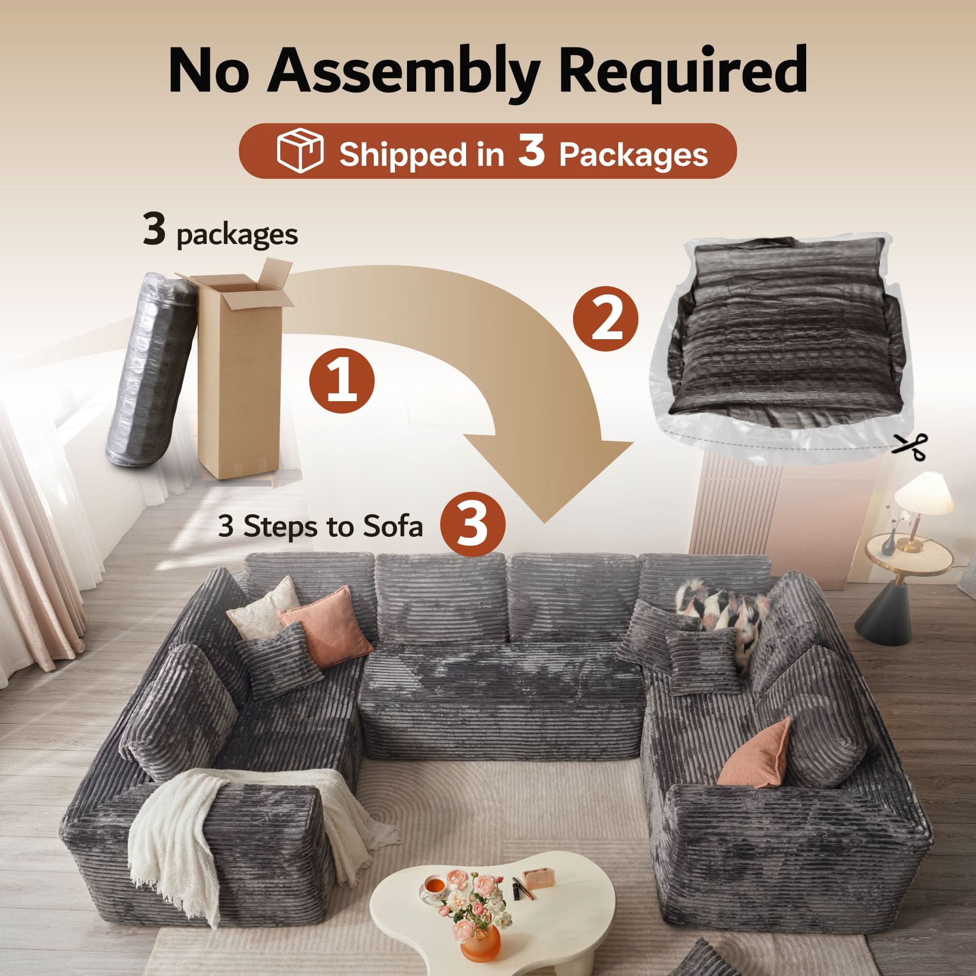 Ovios sectional cloud couch, living room U-shaped sofa, plush corduroy, memory foam, no assembly required.